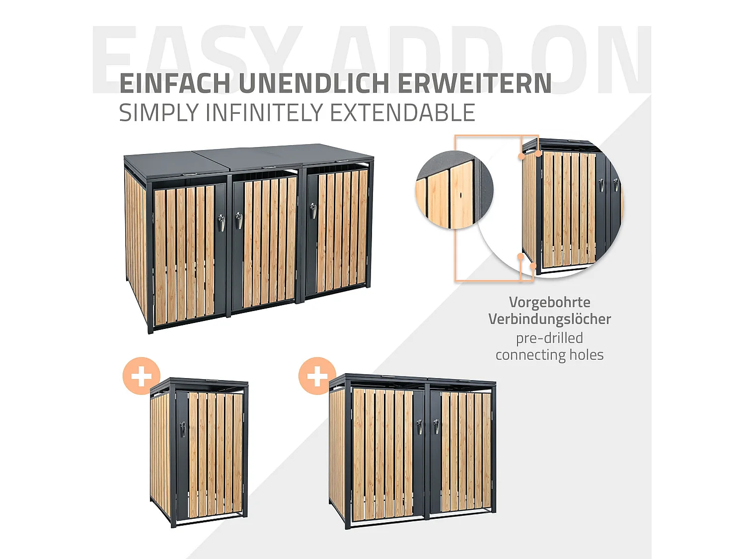 Abri pour 3 poubelles 200x80x116,3 cm capacité de 60L à 240L anthracite/aspect mélèze acier couvercle rabattable/3 portes résistant aux intempéries