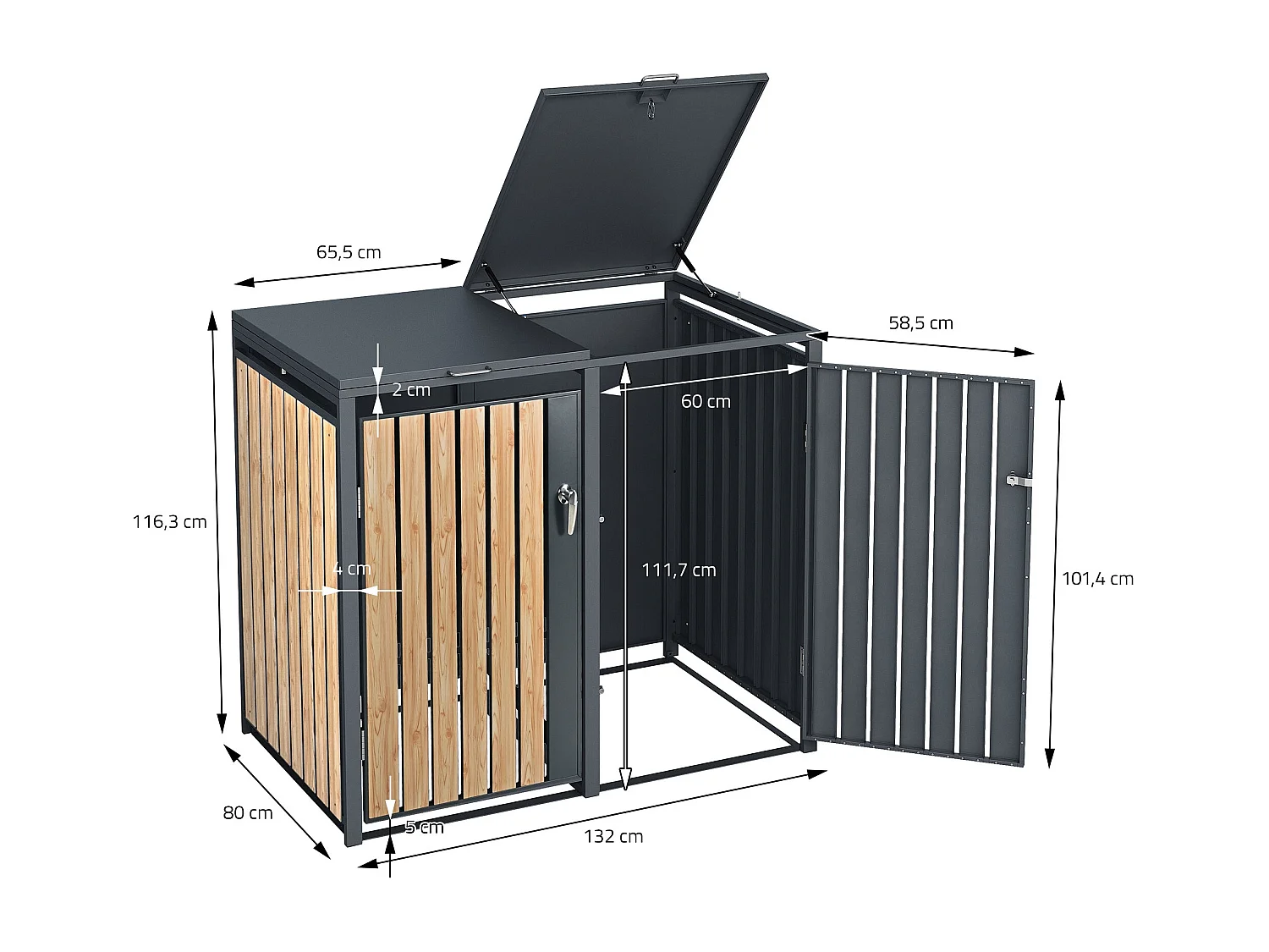 Abri pour 3 poubelles 200x80x116,3 cm capacité de 60L à 240L anthracite/aspect mélèze acier couvercle rabattable/3 portes résistant aux intempéries