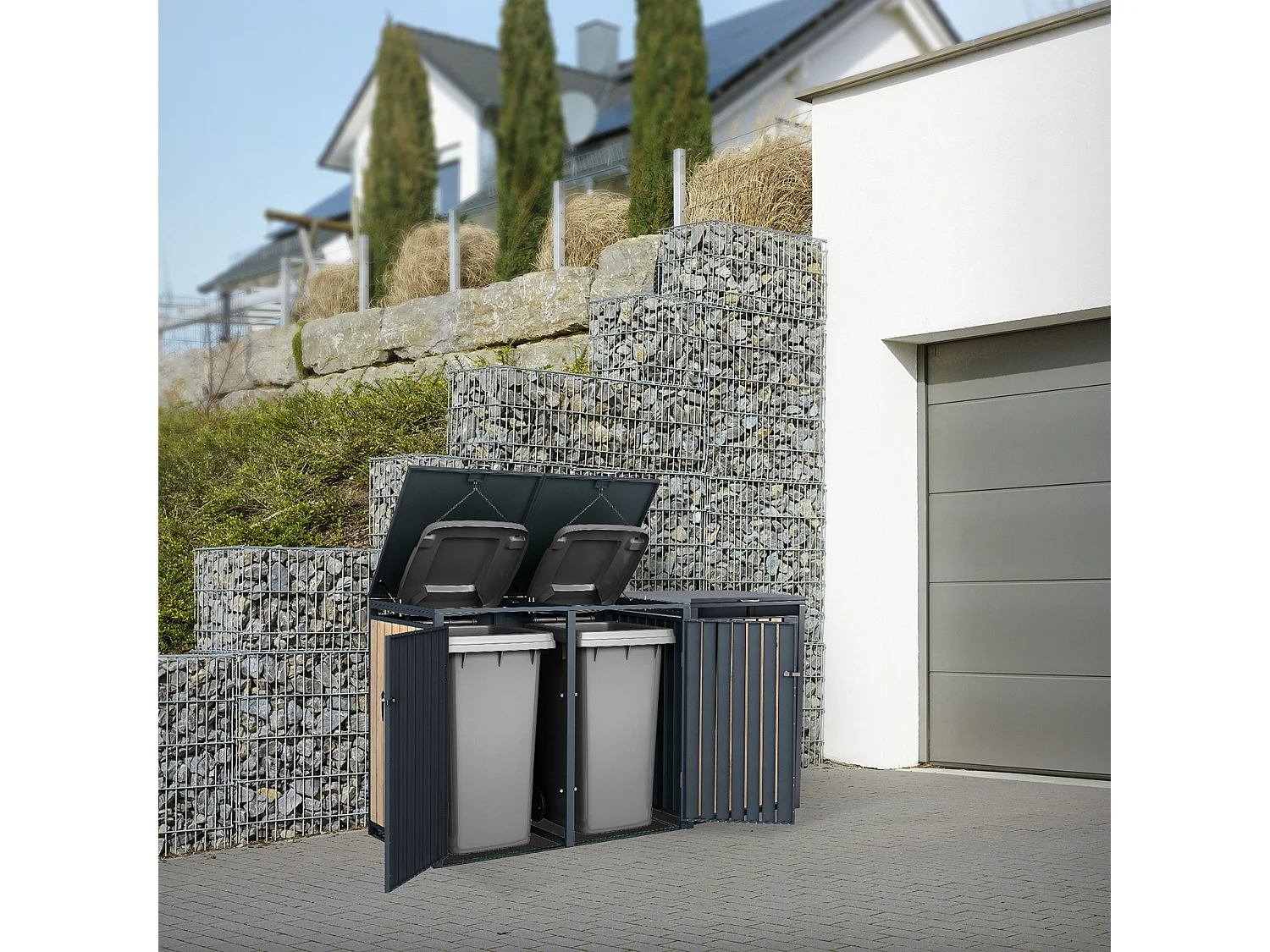 Abri pour 3 poubelles 200x80x116,3 cm capacité de 60L à 240L anthracite/aspect mélèze acier couvercle rabattable/3 portes résistant aux intempéries