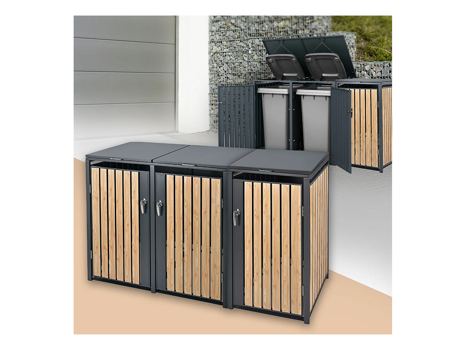 Abri pour 3 poubelles 200x80x116,3 cm capacité de 60L à 240L anthracite/aspect mélèze acier couvercle rabattable/3 portes résistant aux intempéries