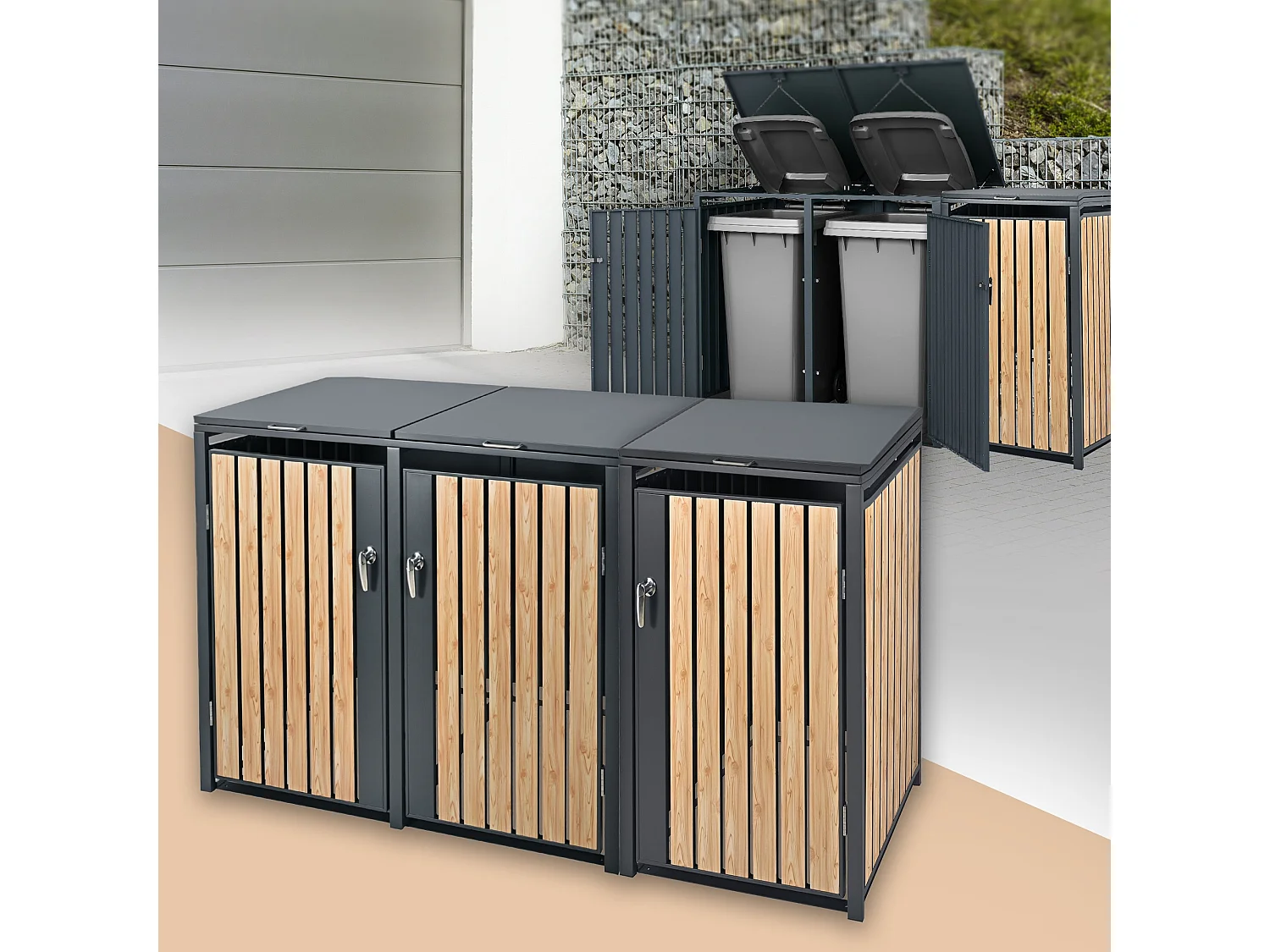 Abri pour 3 poubelles 200x80x116,3 cm capacité de 60L à 240L anthracite/aspect mélèze acier couvercle rabattable/3 portes résistant aux intempéries