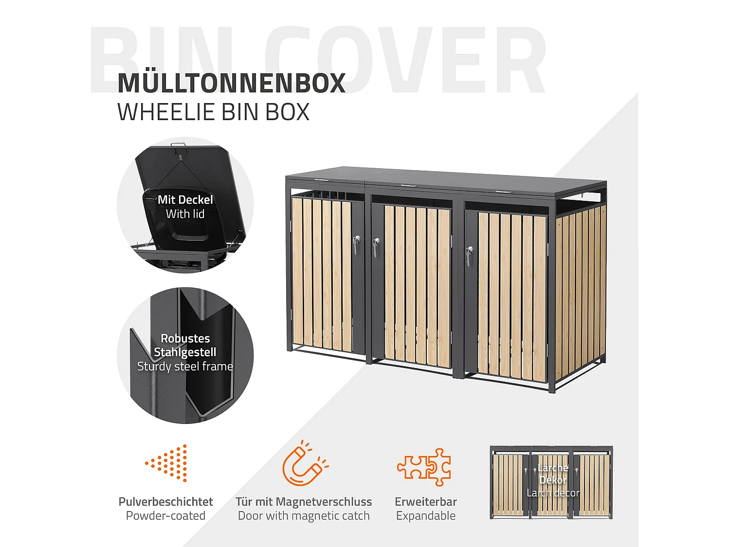 Abri pour 3 poubelles 200x80x120 cm capacité de 60L à 240L anthracite/aspect mélèze acier couvercle rabattable/3 portes résistant aux intempéries