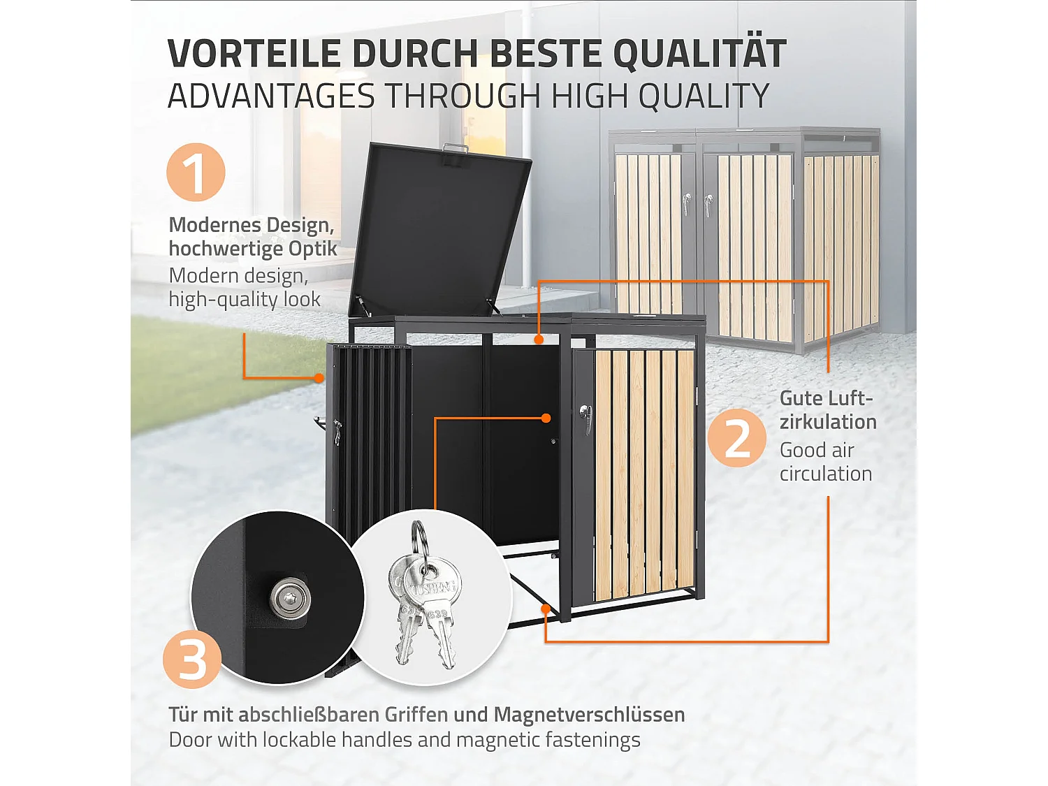 Abri pour 3 poubelles 200x80x120 cm capacité de 60L à 240L anthracite/aspect mélèze acier couvercle rabattable/3 portes résistant aux intempéries