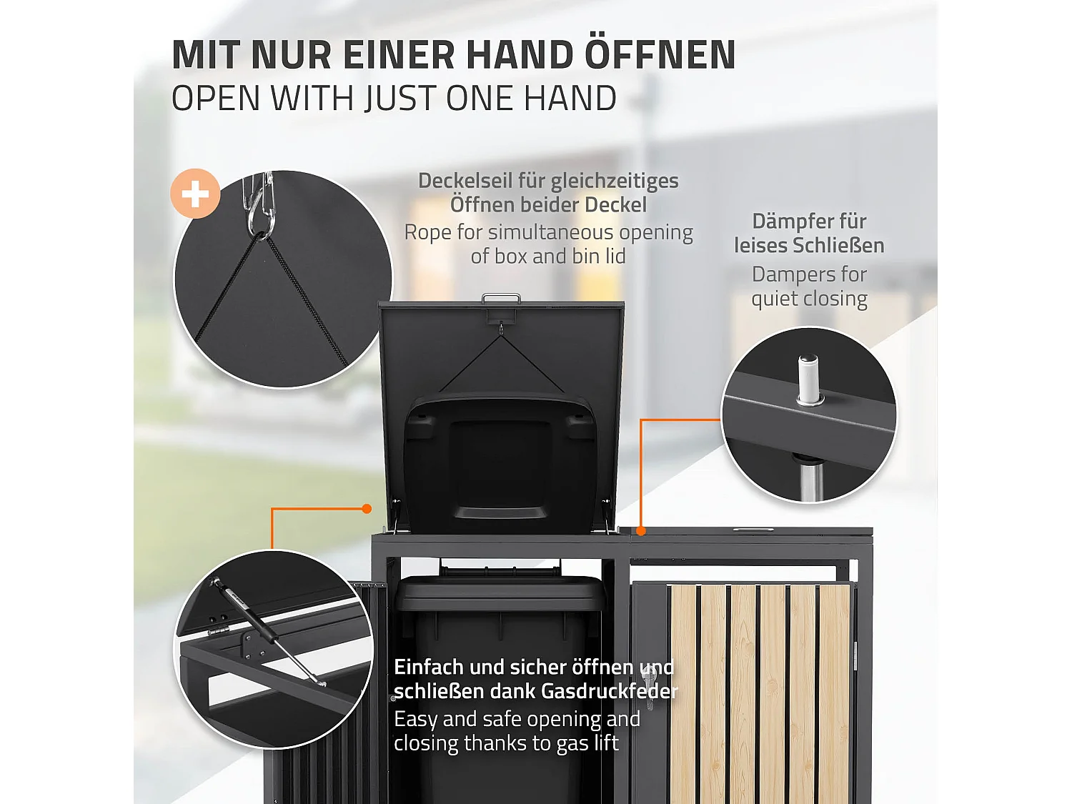 Abri pour 3 poubelles 200x80x120 cm capacité de 60L à 240L anthracite/aspect mélèze acier couvercle rabattable/3 portes résistant aux intempéries