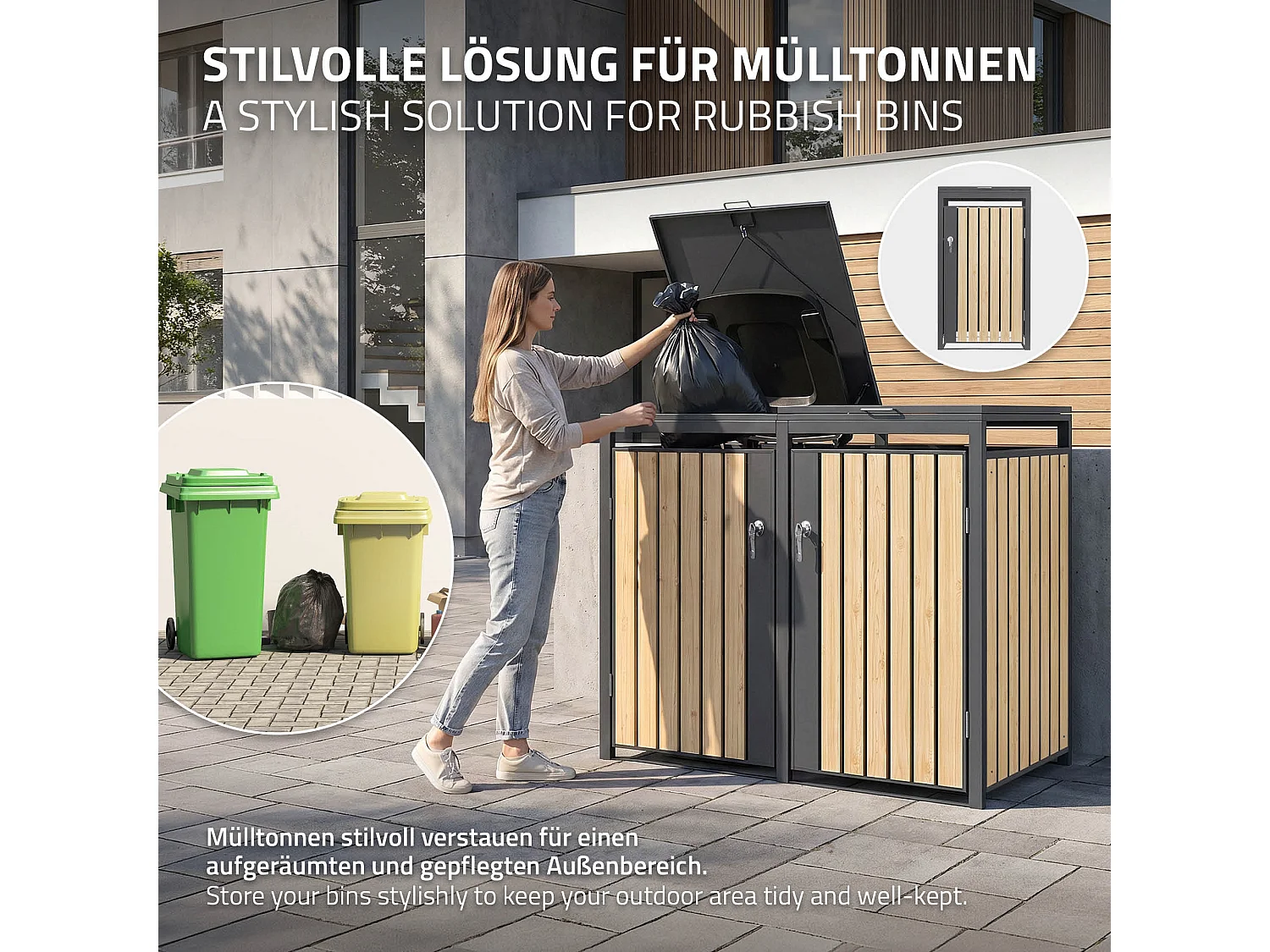 Abri pour 3 poubelles 200x80x120 cm capacité de 60L à 240L anthracite/aspect mélèze acier couvercle rabattable/3 portes résistant aux intempéries