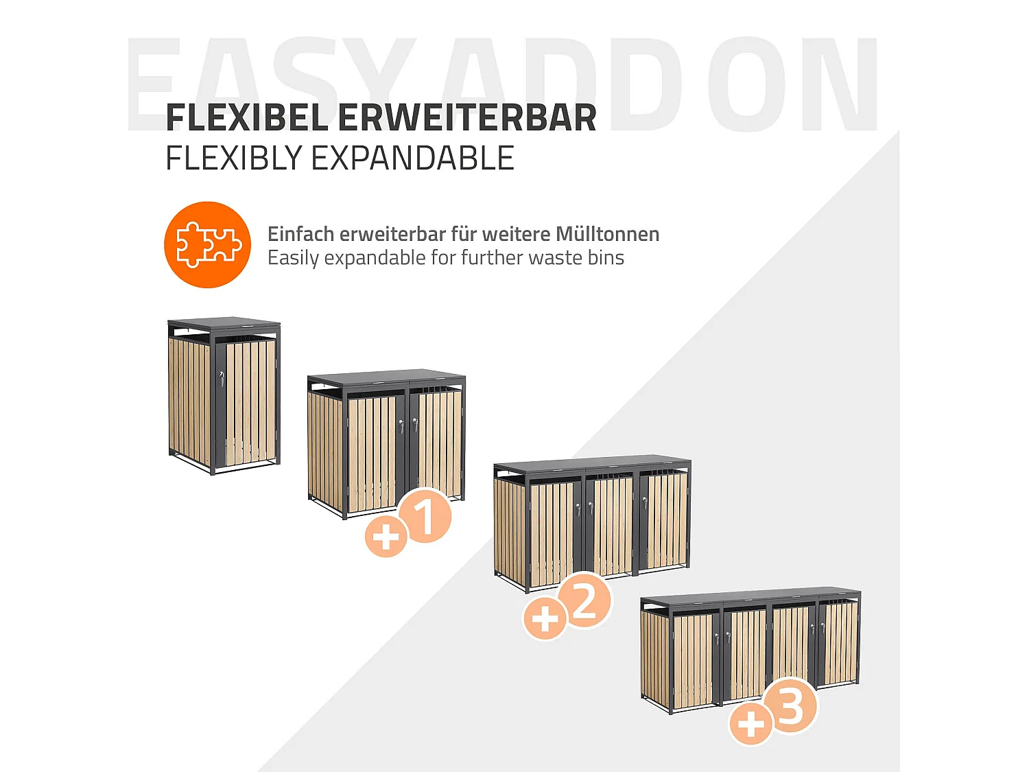 Abri pour 3 poubelles 200x80x120 cm capacité de 60L à 240L anthracite/aspect mélèze acier couvercle rabattable/3 portes résistant aux intempéries