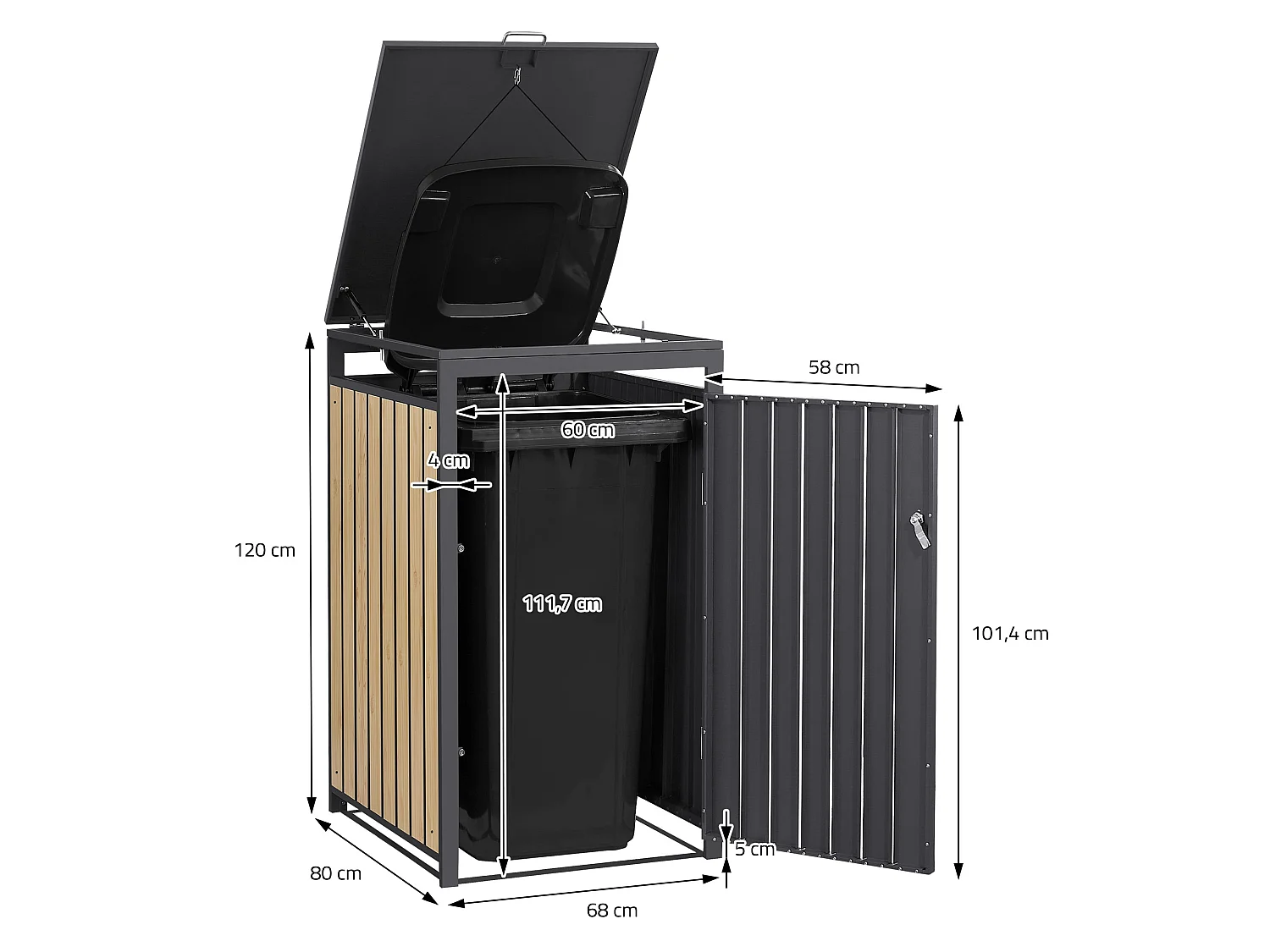 Abri pour 3 poubelles 200x80x120 cm capacité de 60L à 240L anthracite/aspect mélèze acier couvercle rabattable/3 portes résistant aux intempéries