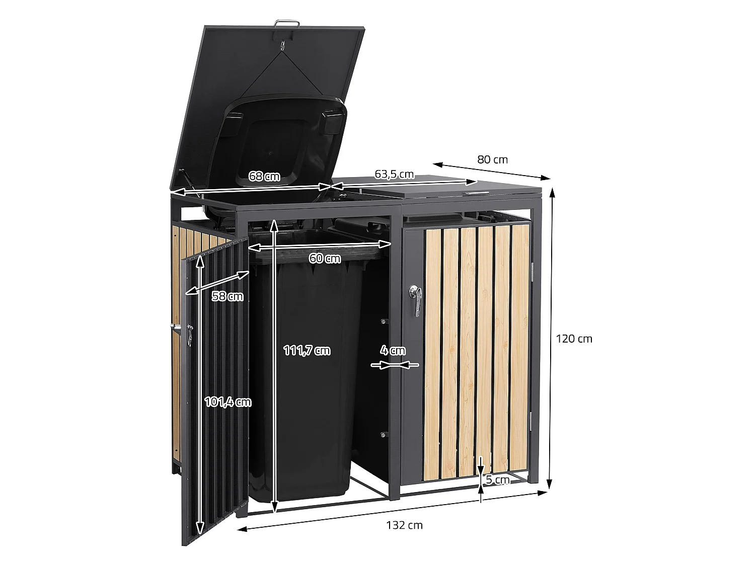 Abri pour 3 poubelles 200x80x120 cm capacité de 60L à 240L anthracite/aspect mélèze acier couvercle rabattable/3 portes résistant aux intempéries