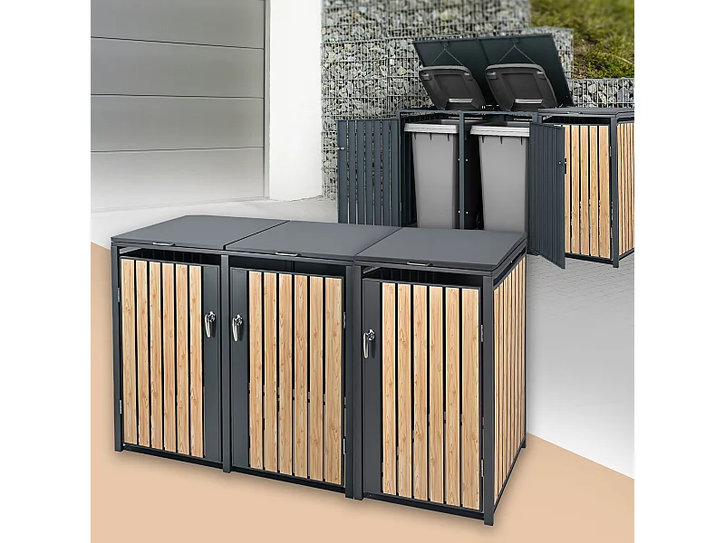 Abri pour 3 poubelles 200x80x116,3 cm capacité de 60L à 240L anthracite/aspect mélèze acier couvercle rabattable/3 portes résistant aux intempéries