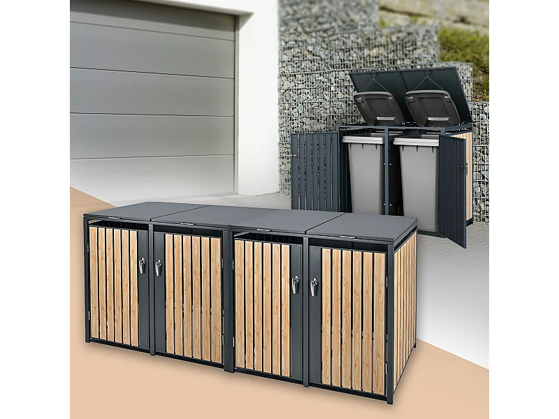Abri pour 4 poubelles 264x80x116,3 cm capacité de 60L à 240L anthracite/aspect mélèze acier couvercle rabattable/4 portes résistant aux intempéries