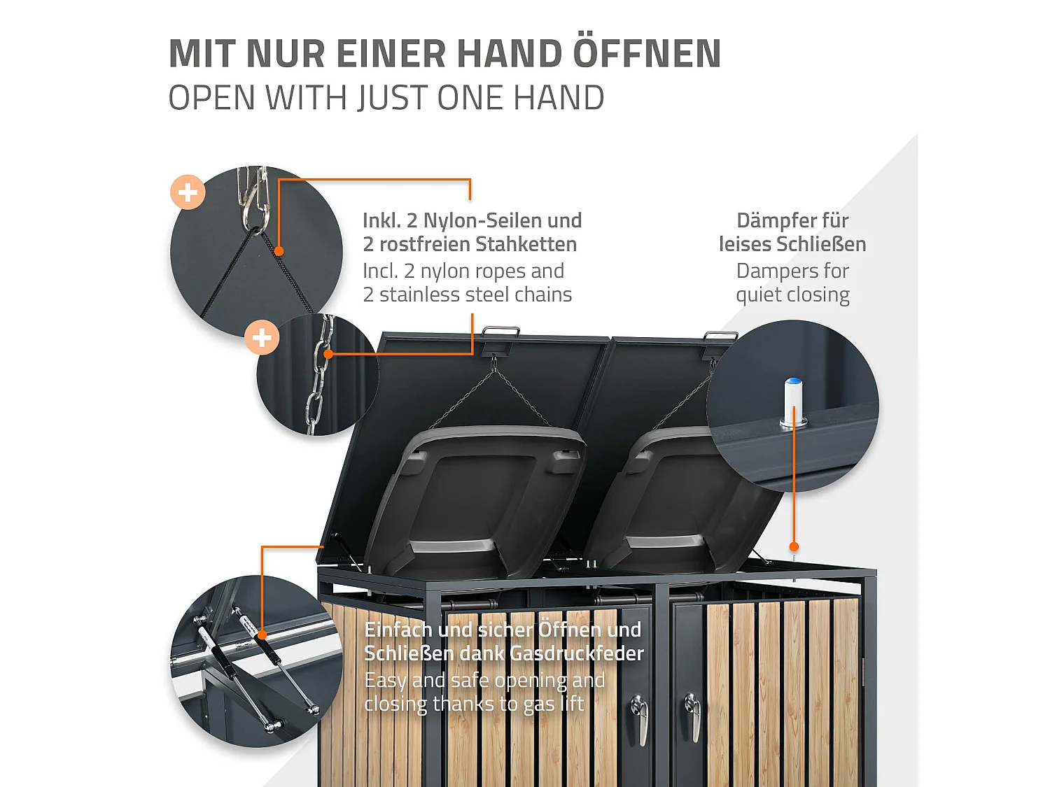 Abri pour 4 poubelles 264x80x116,3 cm capacité de 60L à 240L anthracite/aspect mélèze acier couvercle rabattable/4 portes résistant aux intempéries