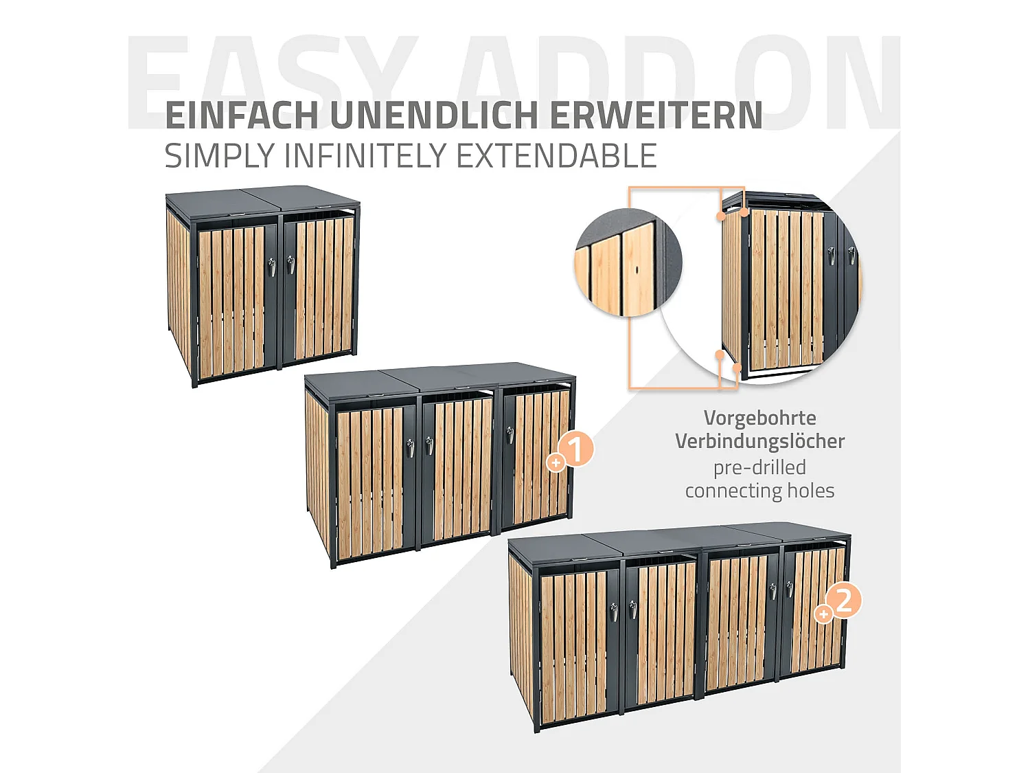 Abri pour 4 poubelles 264x80x116,3 cm capacité de 60L à 240L anthracite/aspect mélèze acier couvercle rabattable/4 portes résistant aux intempéries