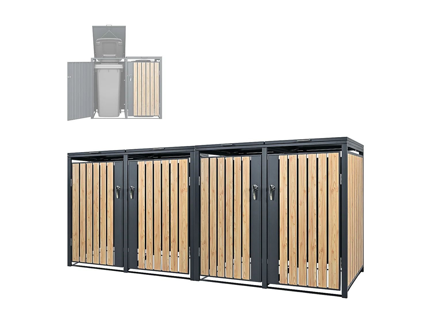 Abri pour 4 poubelles 264x80x116,3 cm capacité de 60L à 240L anthracite/aspect mélèze acier couvercle rabattable/4 portes résistant aux intempéries