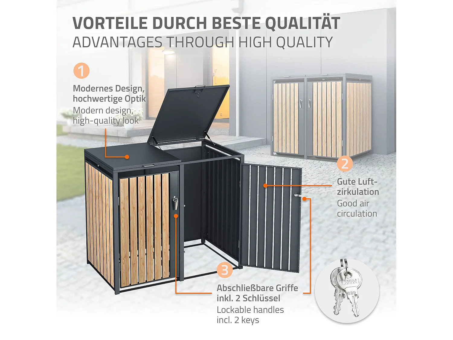 ML-Design 2x Copribidoni per 4 bidoni da spazzatura 240L 264x80x116,3 cm antracite aspetto larice acciaio richiudibile contenitore per rifiuti 4 porte
