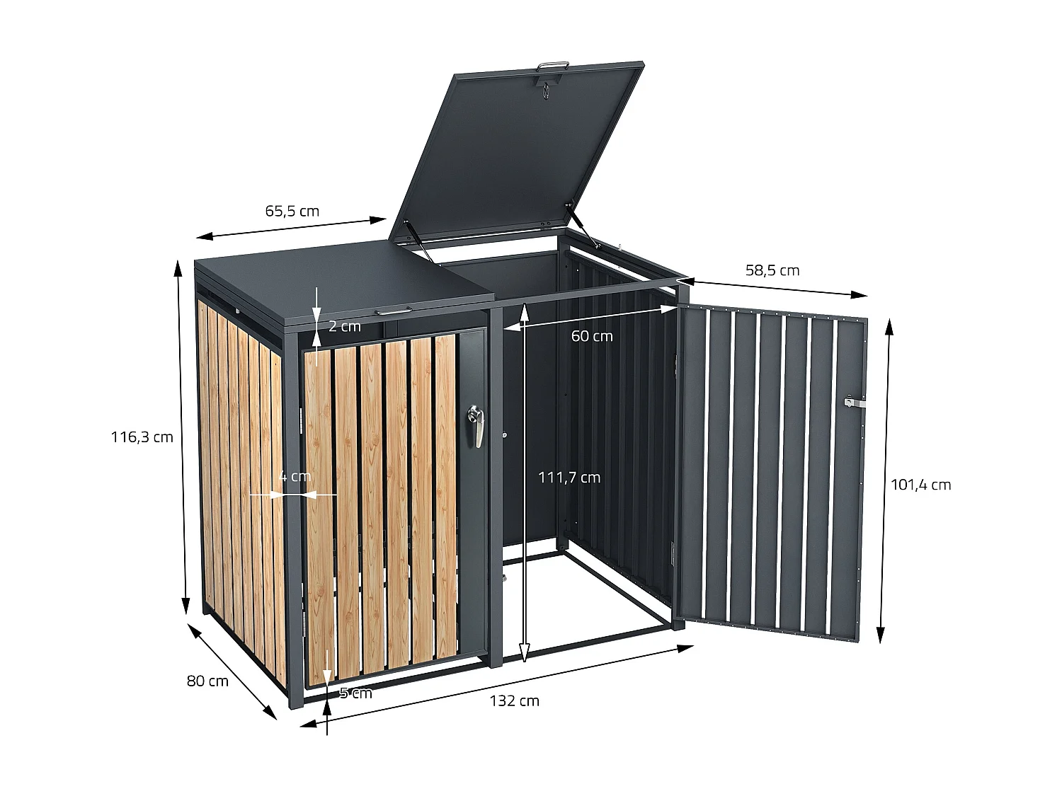 ML-Design 2x Copribidoni per 4 bidoni da spazzatura 240L 264x80x116,3 cm antracite aspetto larice acciaio richiudibile contenitore per rifiuti 4 porte