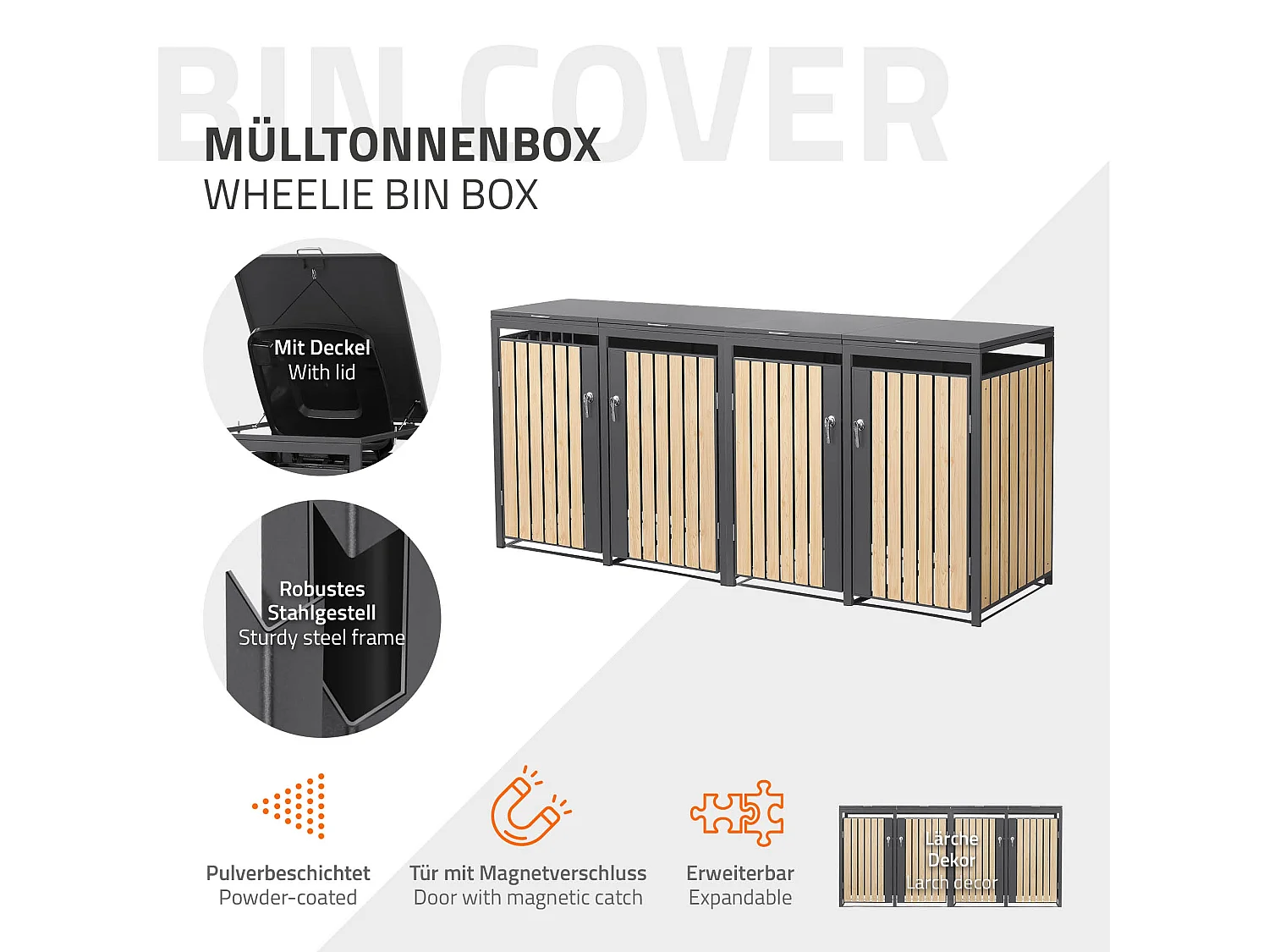 Abri pour 4 poubelles 264x80x120 cm capacité de 60L à 240L anthracite/aspect mélèze acier couvercle rabattable/4 portes résistant aux intempéries