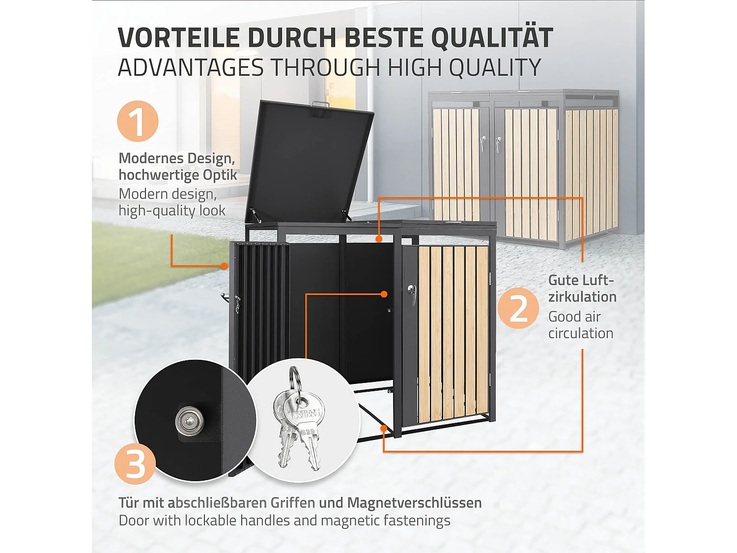 Abri pour 4 poubelles 264x80x120 cm capacité de 60L à 240L anthracite/aspect mélèze acier couvercle rabattable/4 portes résistant aux intempéries