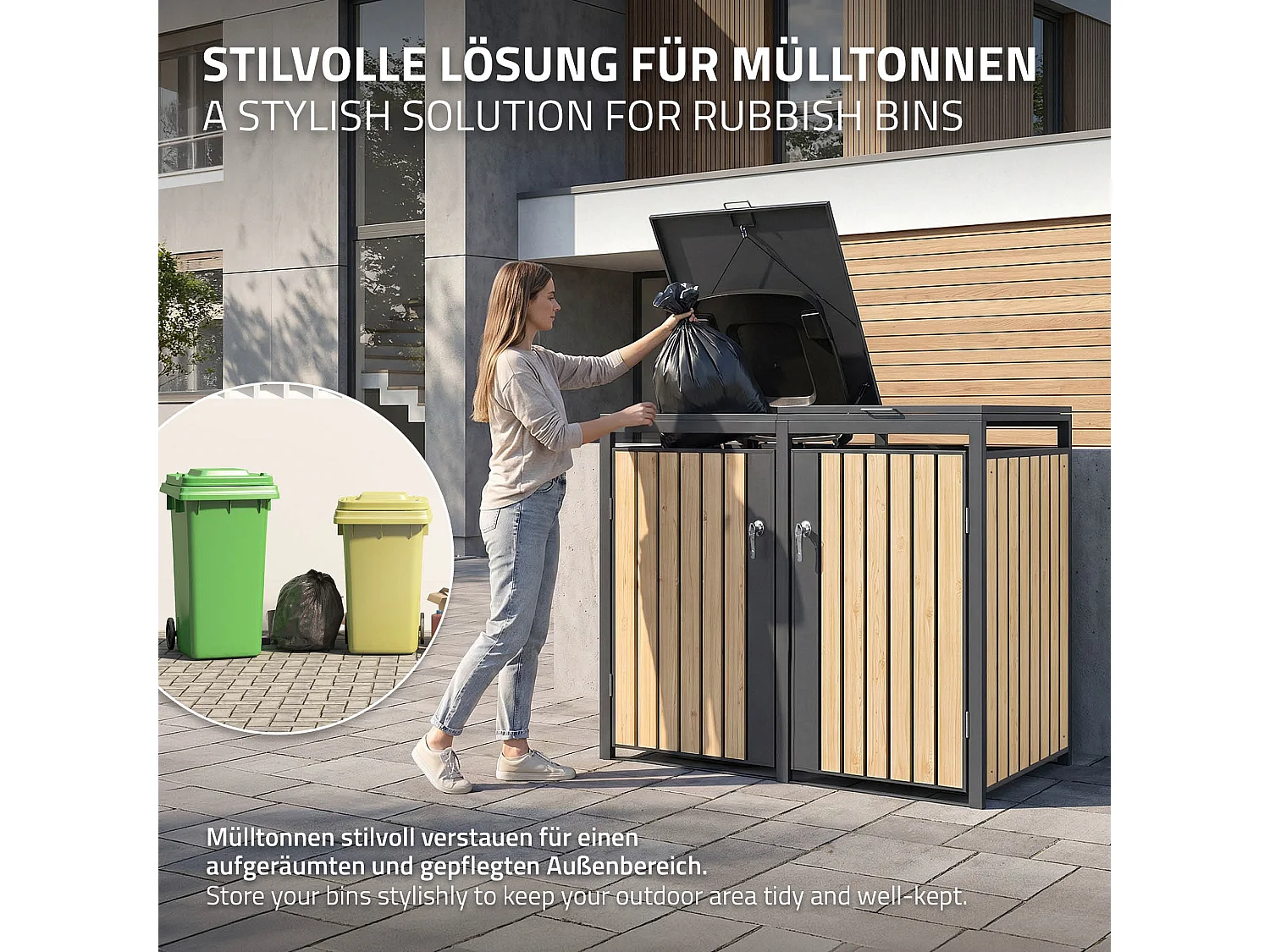 Abri pour 4 poubelles 264x80x120 cm capacité de 60L à 240L anthracite/aspect mélèze acier couvercle rabattable/4 portes résistant aux intempéries