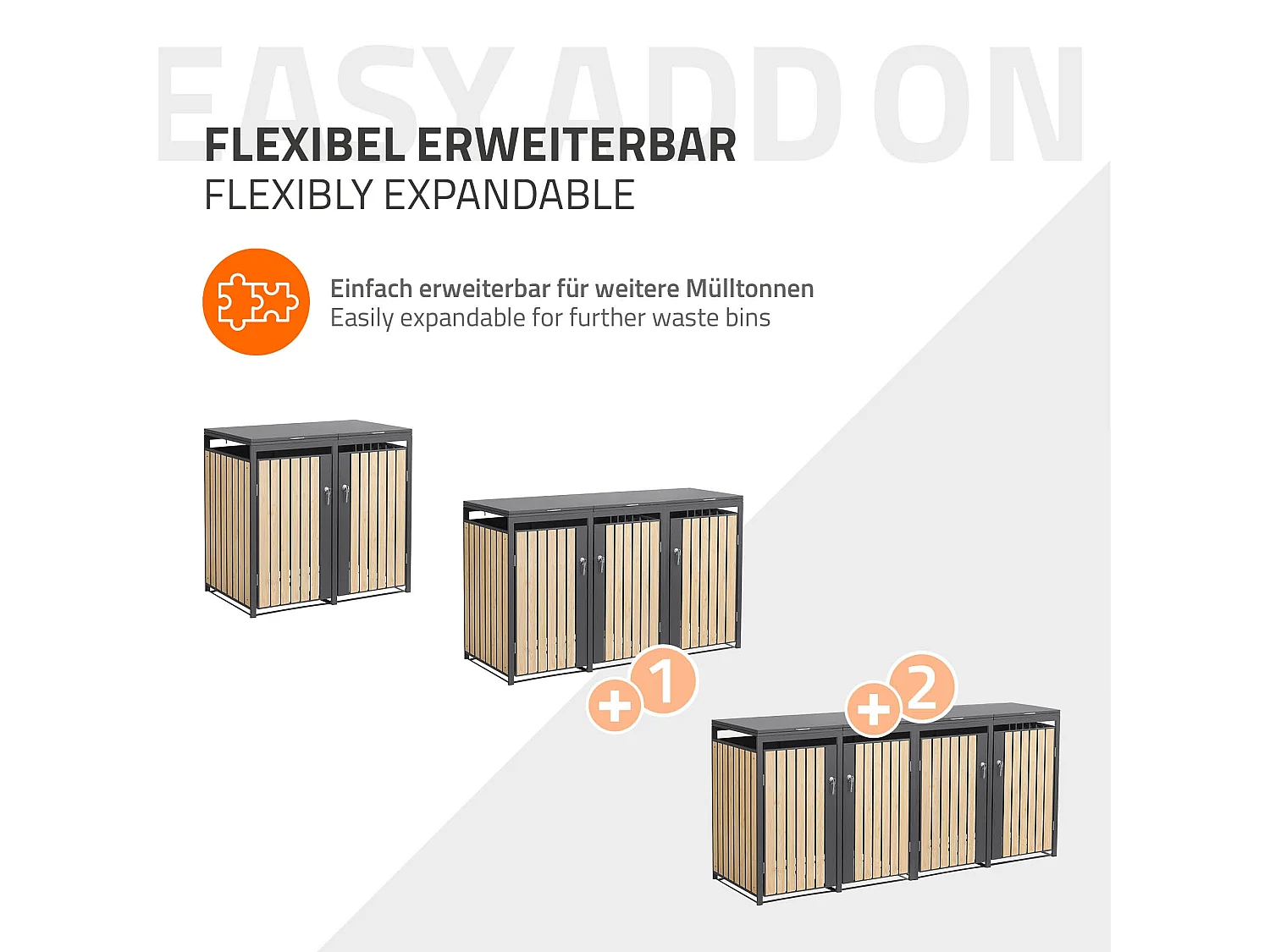 Abri pour 4 poubelles 264x80x120 cm capacité de 60L à 240L anthracite/aspect mélèze acier couvercle rabattable/4 portes résistant aux intempéries