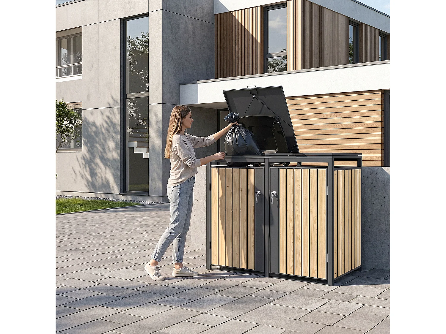 Abri pour 4 poubelles 264x80x120 cm capacité de 60L à 240L anthracite/aspect mélèze acier couvercle rabattable/4 portes résistant aux intempéries
