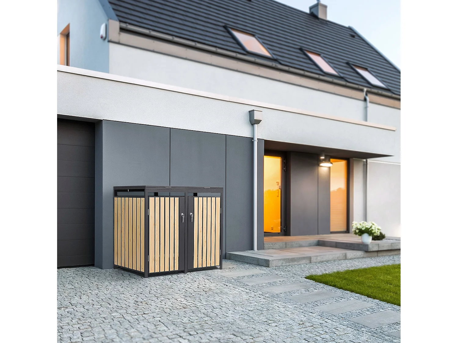 Abri pour 4 poubelles 264x80x120 cm capacité de 60L à 240L anthracite/aspect mélèze acier couvercle rabattable/4 portes résistant aux intempéries