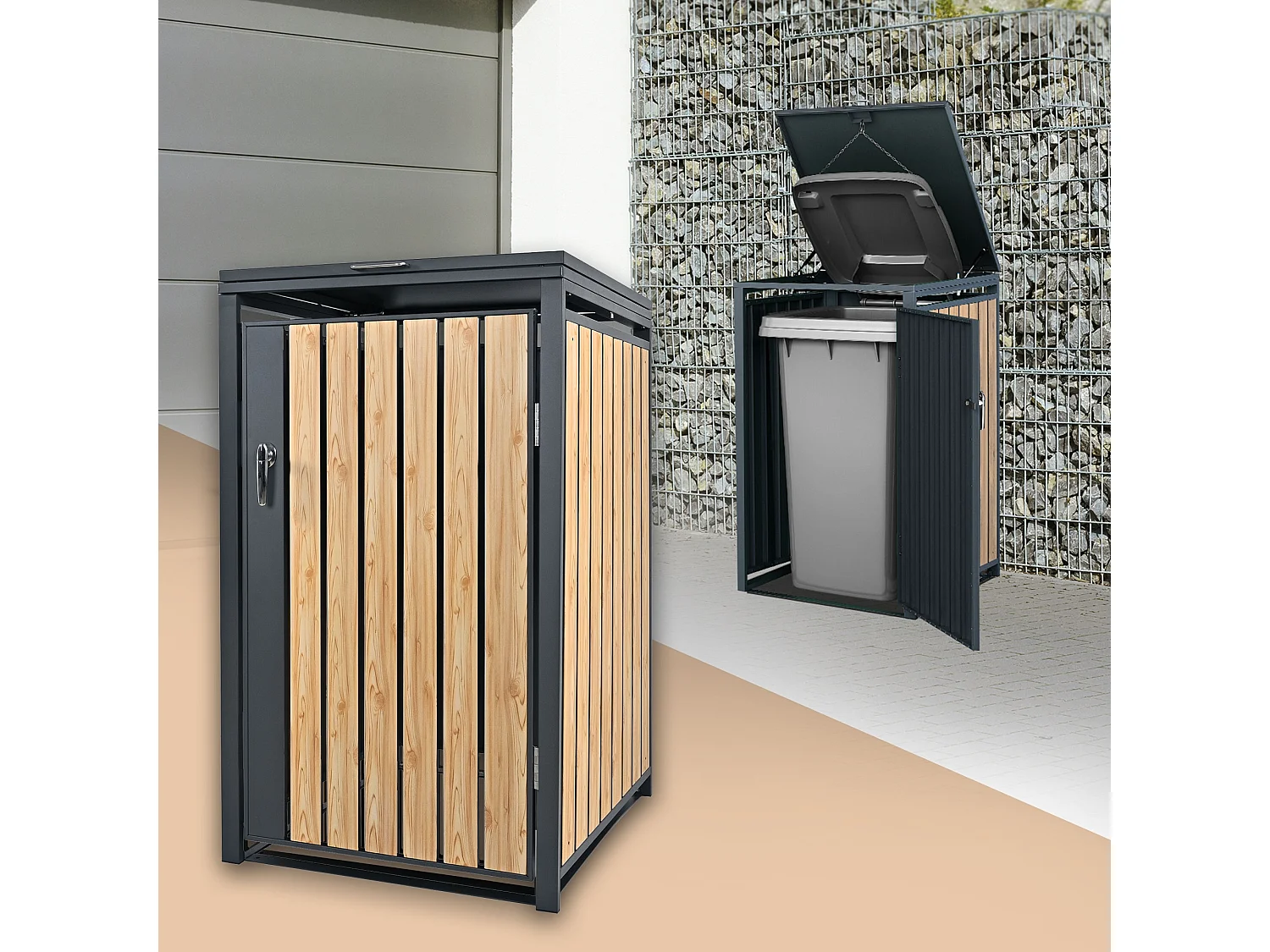 Abri pour 1 poubelle 68x80x116,3 cm capacité de 60L à 240L anthracite/aspect mélèze en acier couvercle rabattable/porte résistant aux intempéries
