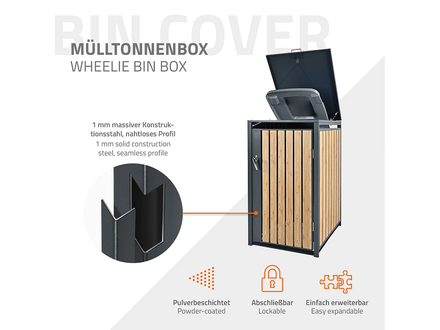 Abri pour 1 poubelle 68x80x116,3 cm capacité de 60L à 240L anthracite/aspect mélèze en acier couvercle rabattable/porte résistant aux intempéries