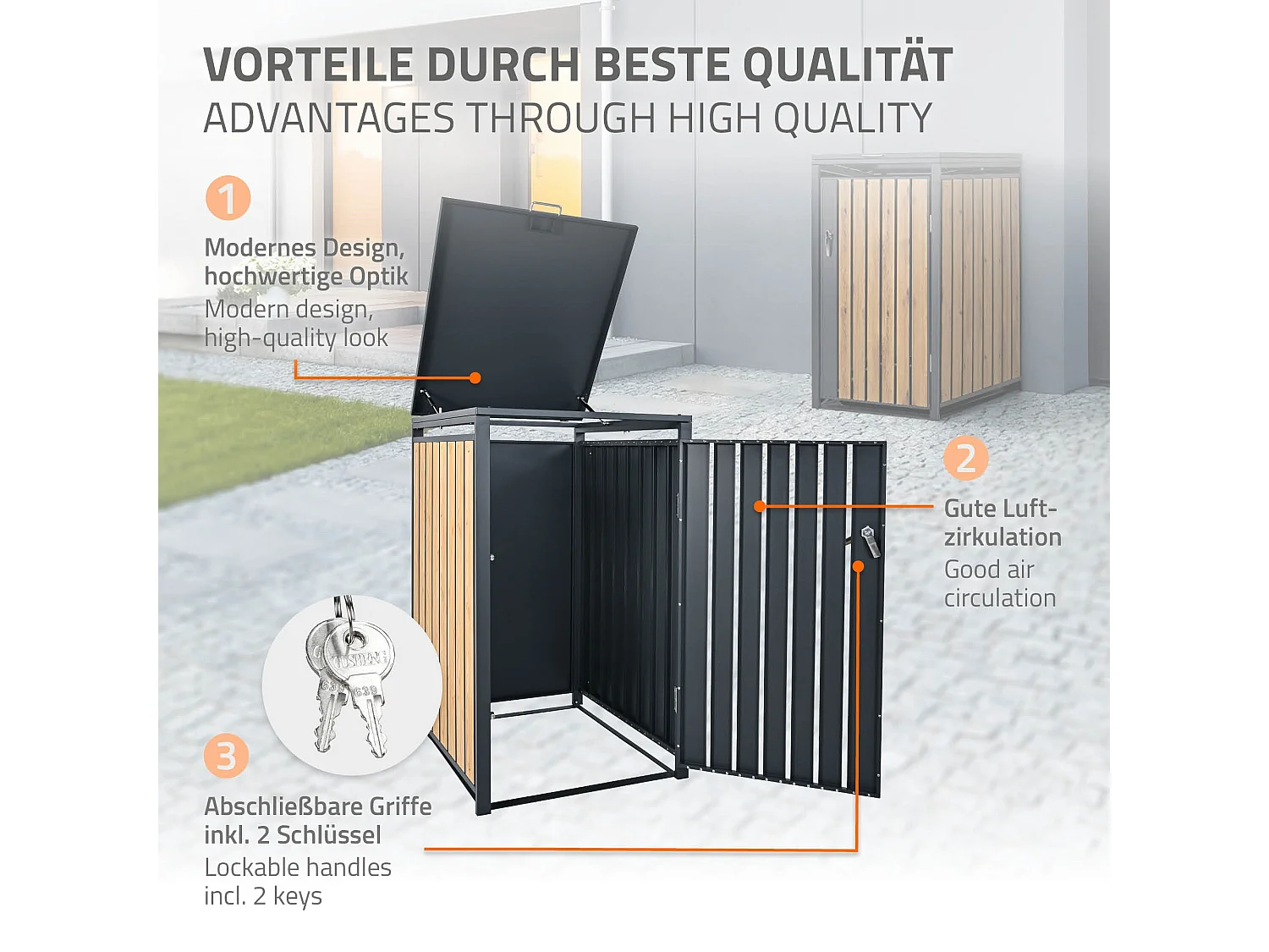 Abri pour 1 poubelle 68x80x116,3 cm capacité de 60L à 240L anthracite/aspect mélèze en acier couvercle rabattable/porte résistant aux intempéries