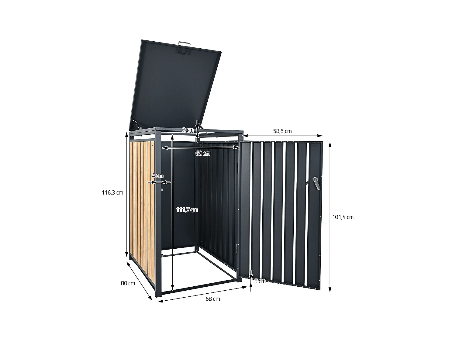 Abri pour 1 poubelle 68x80x116,3 cm capacité de 60L à 240L anthracite/aspect mélèze en acier couvercle rabattable/porte résistant aux intempéries