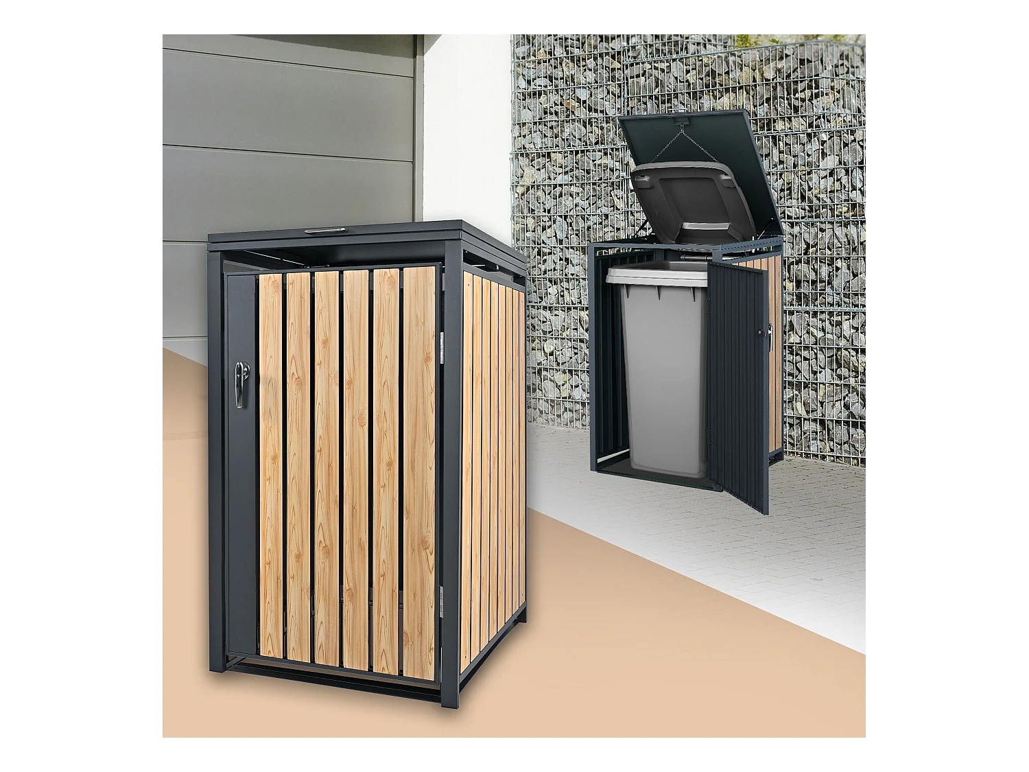 Abri pour 1 poubelle 68x80x116,3 cm capacité de 60L à 240L anthracite/aspect mélèze en acier couvercle rabattable/porte résistant aux intempéries