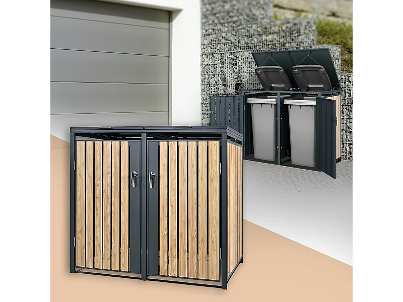 Abri pour 2 poubelles 132x80x116,3 cm capacité de 60L à 240L anthracite/aspect mélèze acier couvercle rabattable/2 portes résistant aux intempéries