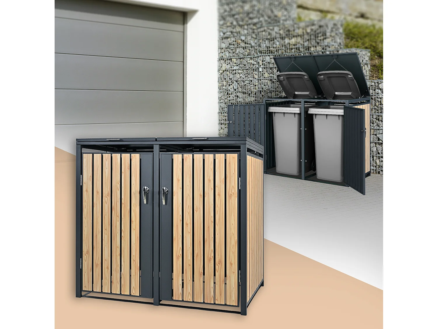 Abri pour 2 poubelles 132x80x116,3 cm capacité de 60L à 240L anthracite/aspect mélèze acier couvercle rabattable/2 portes résistant aux intempéries