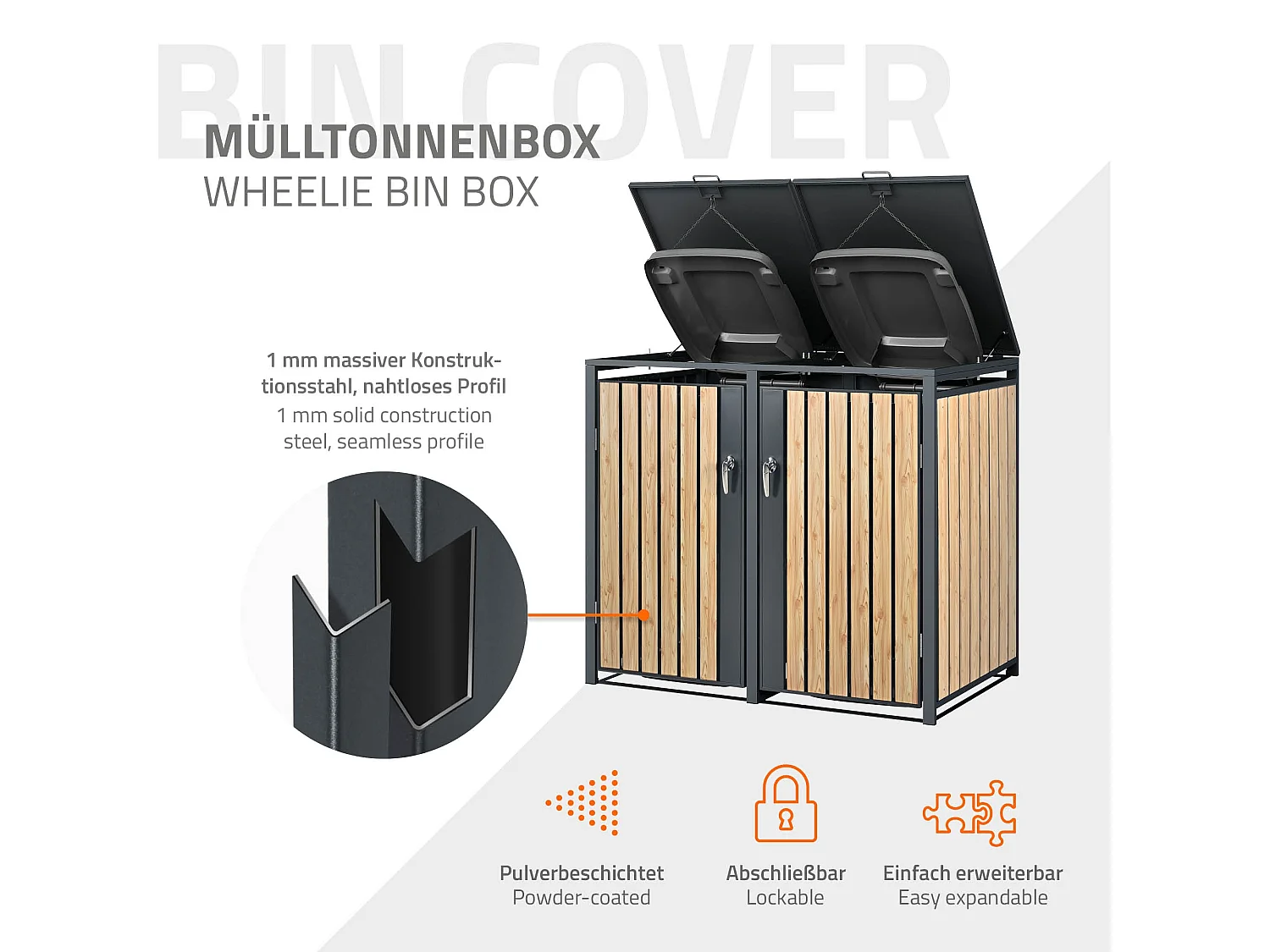 Abri pour 2 poubelles 132x80x116,3 cm capacité de 60L à 240L anthracite/aspect mélèze acier couvercle rabattable/2 portes résistant aux intempéries
