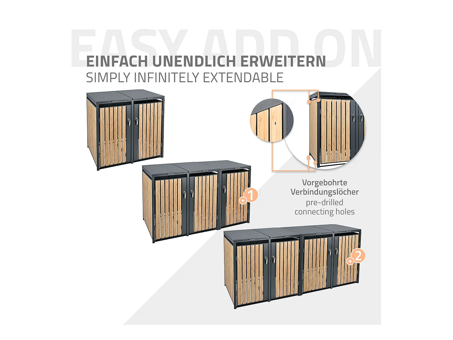 Abri pour 2 poubelles 132x80x116,3 cm capacité de 60L à 240L anthracite/aspect mélèze acier couvercle rabattable/2 portes résistant aux intempéries