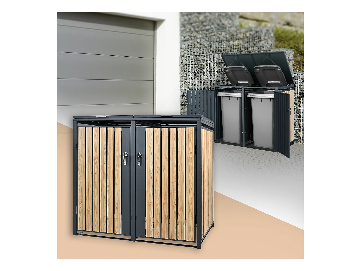 Abri pour 2 poubelles 132x80x116,3 cm capacité de 60L à 240L anthracite/aspect mélèze acier couvercle rabattable/2 portes résistant aux intempéries