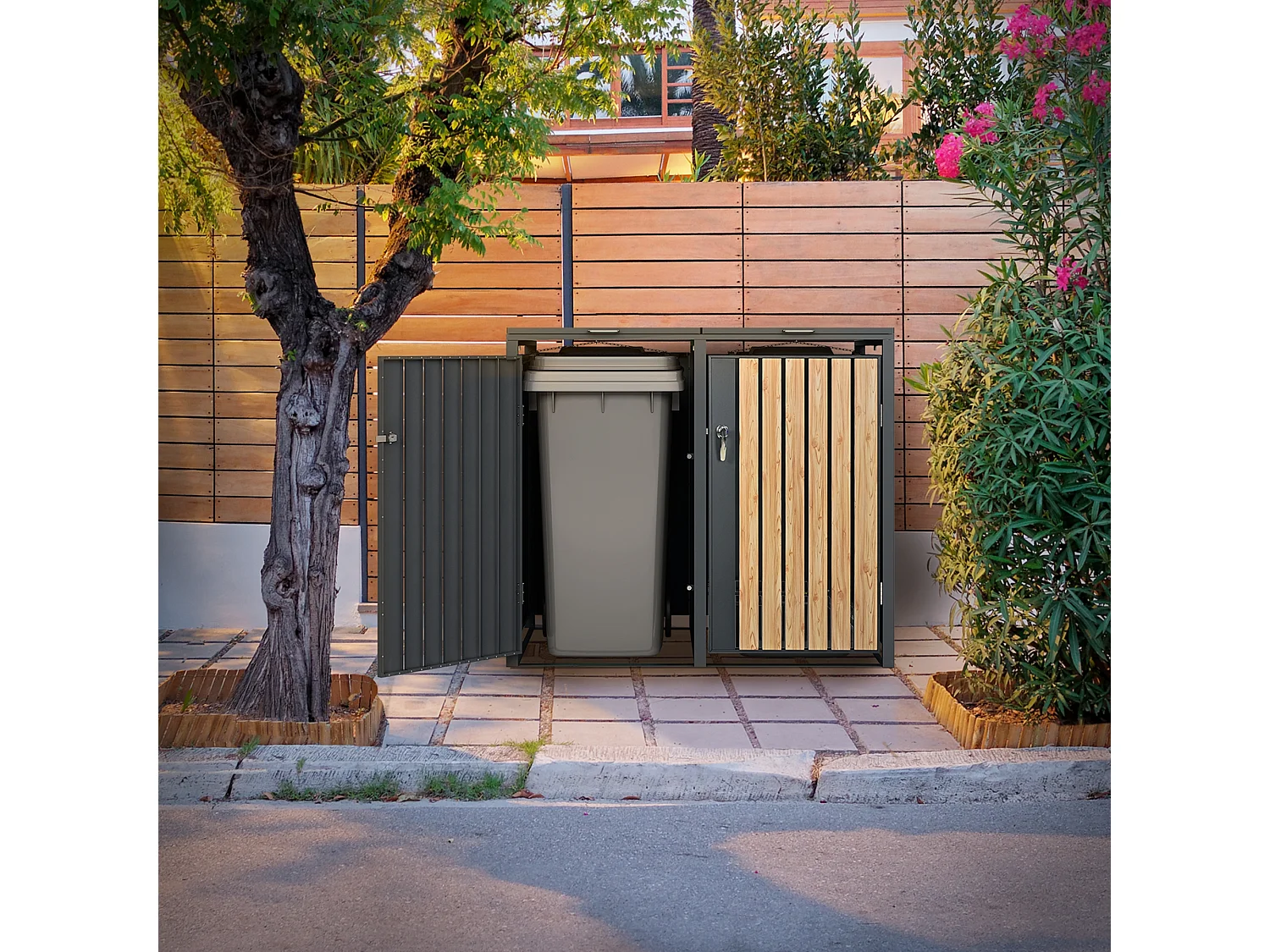 ML-Design Copribidoni per 2 bidoni da spazzatura 240L 132x80x116,3 cm antracite acciaio verniciato a polvere richiudibile contenitore per rifiuti