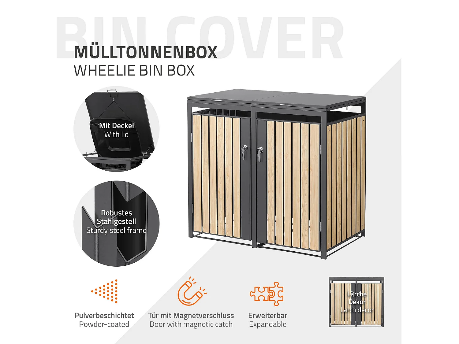 Abri pour 2 poubelles 132x80x120 cm capacité de 60L à 240L anthracite/aspect mélèze acier couvercle rabattable/2 portes résistant aux intempéries