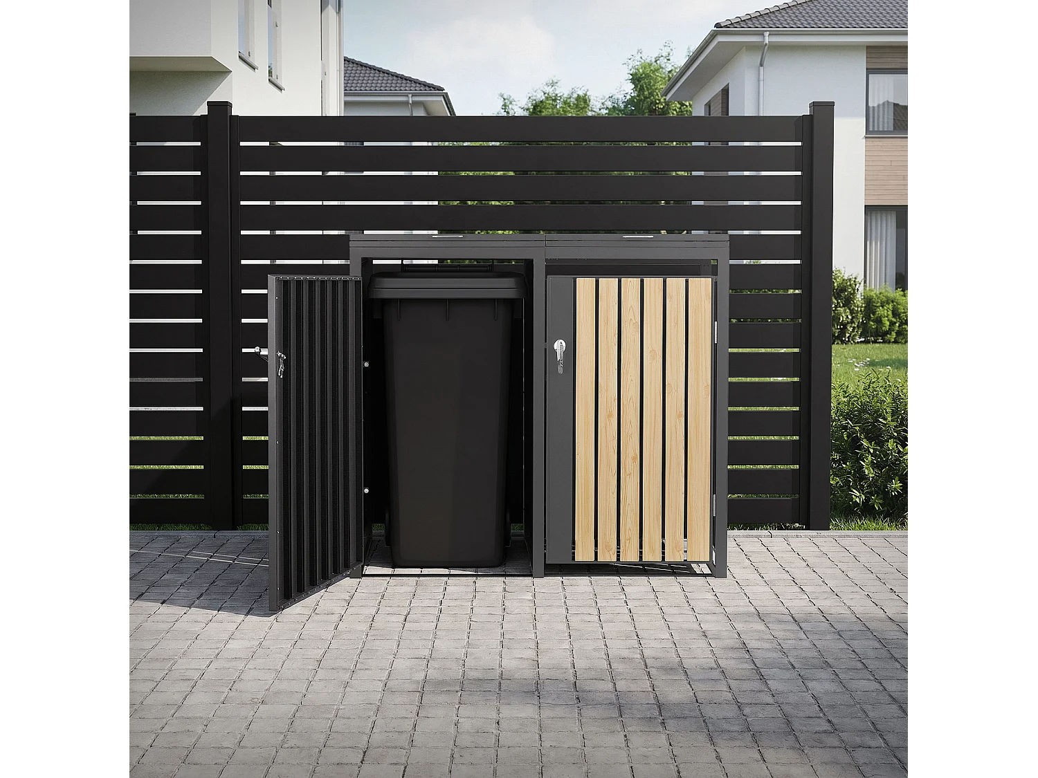 Abri pour 2 poubelles 132x80x120 cm capacité de 60L à 240L anthracite/aspect mélèze acier couvercle rabattable/2 portes résistant aux intempéries