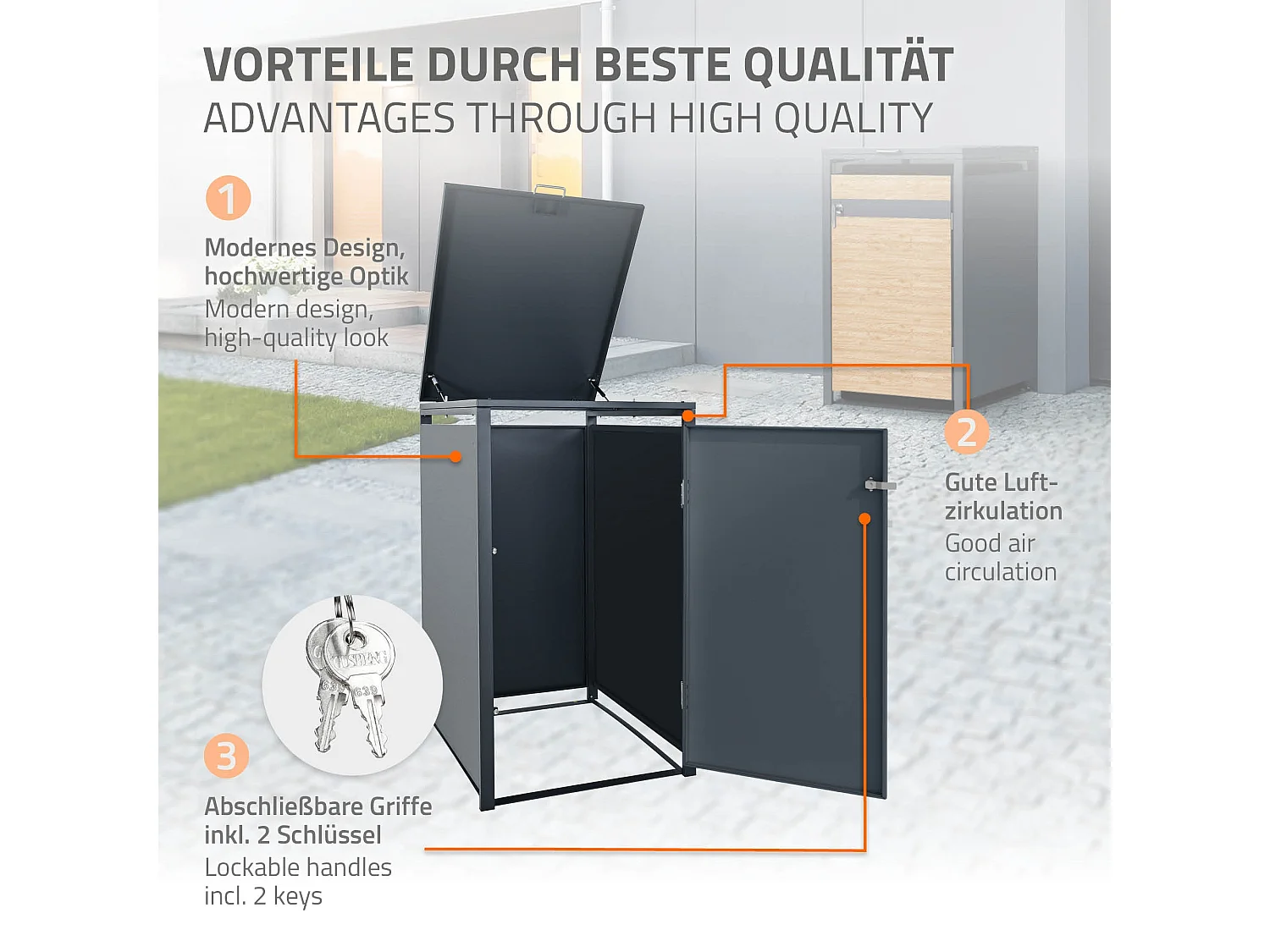 Abri pour 1 poubelle 68x80x116,3 cm capacité de 60L à 240L anthracite/aspect mélèze acier avec couvercle rabattable/porte résistant aux intempéries