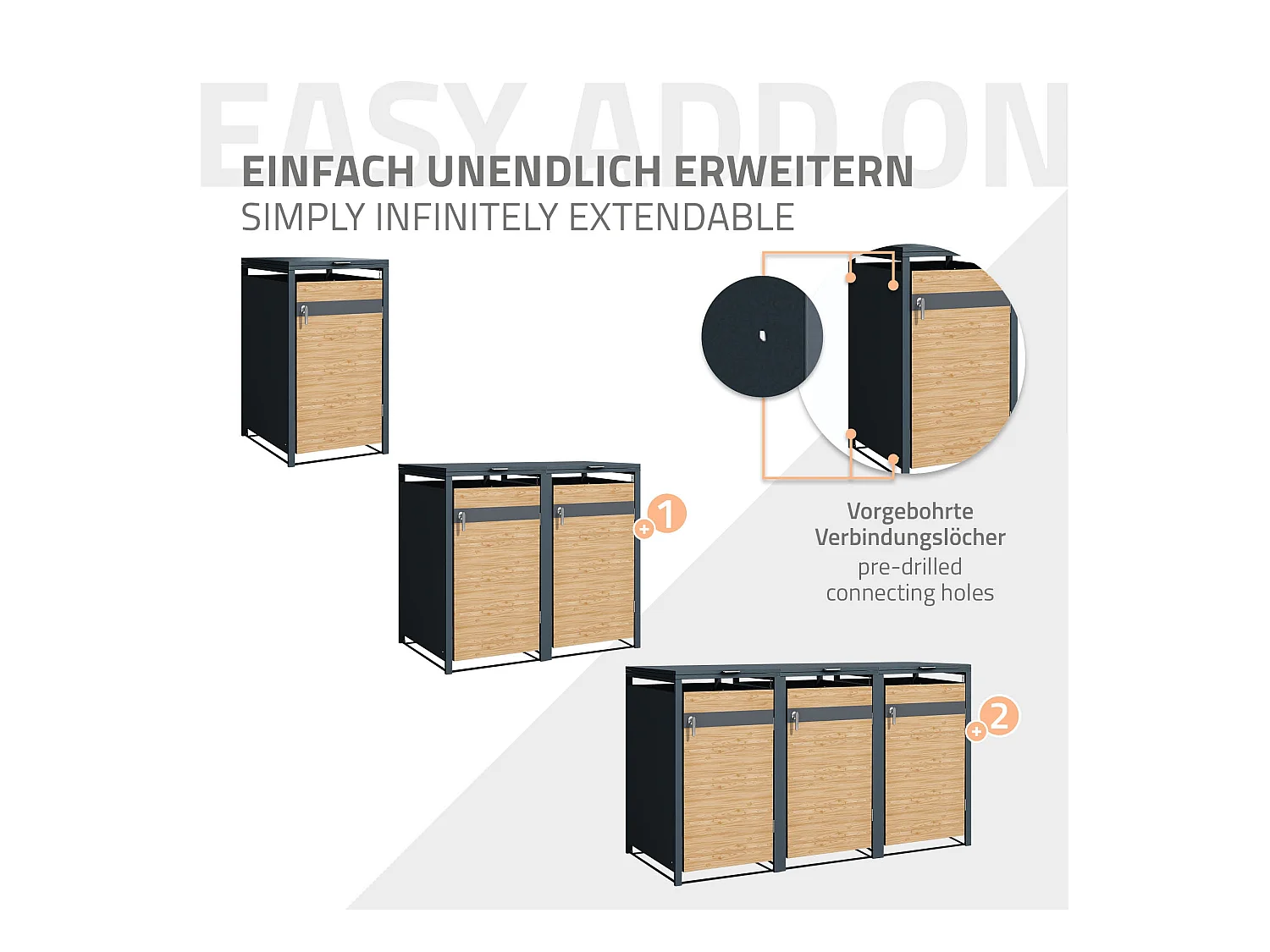 Abri pour 1 poubelle 68x80x116,3 cm capacité de 60L à 240L anthracite/aspect mélèze acier avec couvercle rabattable/porte résistant aux intempéries
