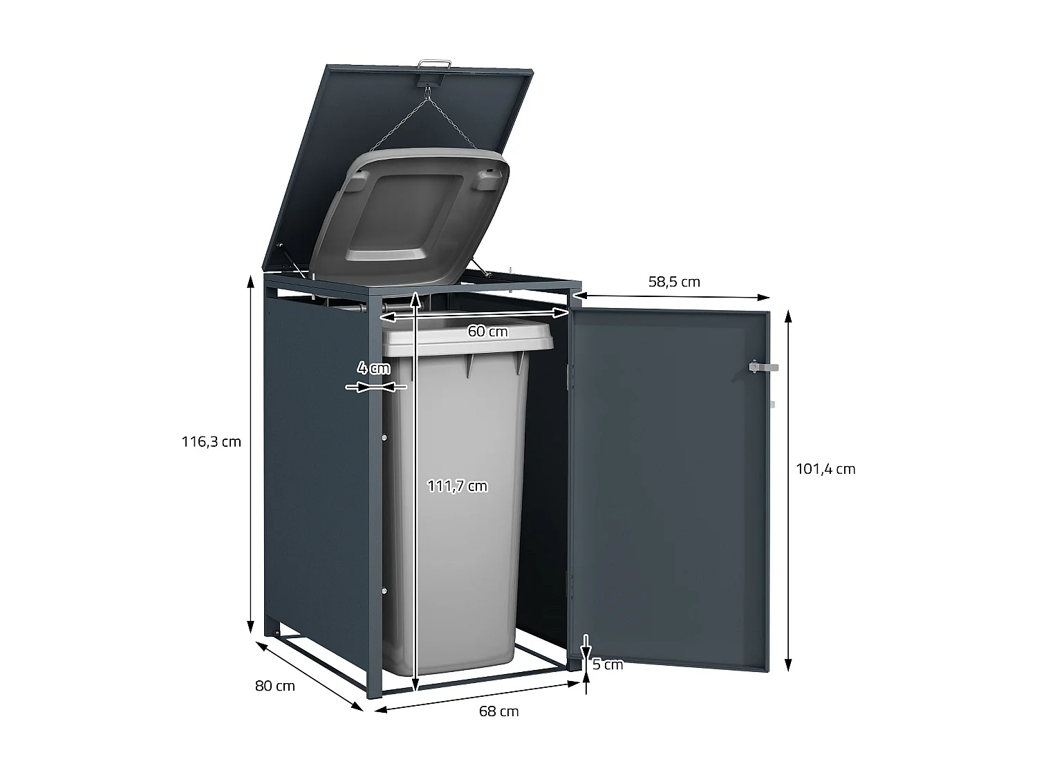 Abri pour 1 poubelle 68x80x116,3 cm capacité de 60L à 240L anthracite/aspect mélèze acier avec couvercle rabattable/porte résistant aux intempéries