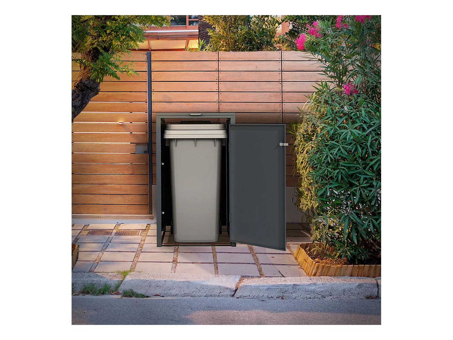 Abri pour 1 poubelle 68x80x116,3 cm capacité de 60L à 240L anthracite/aspect mélèze acier avec couvercle rabattable/porte résistant aux intempéries