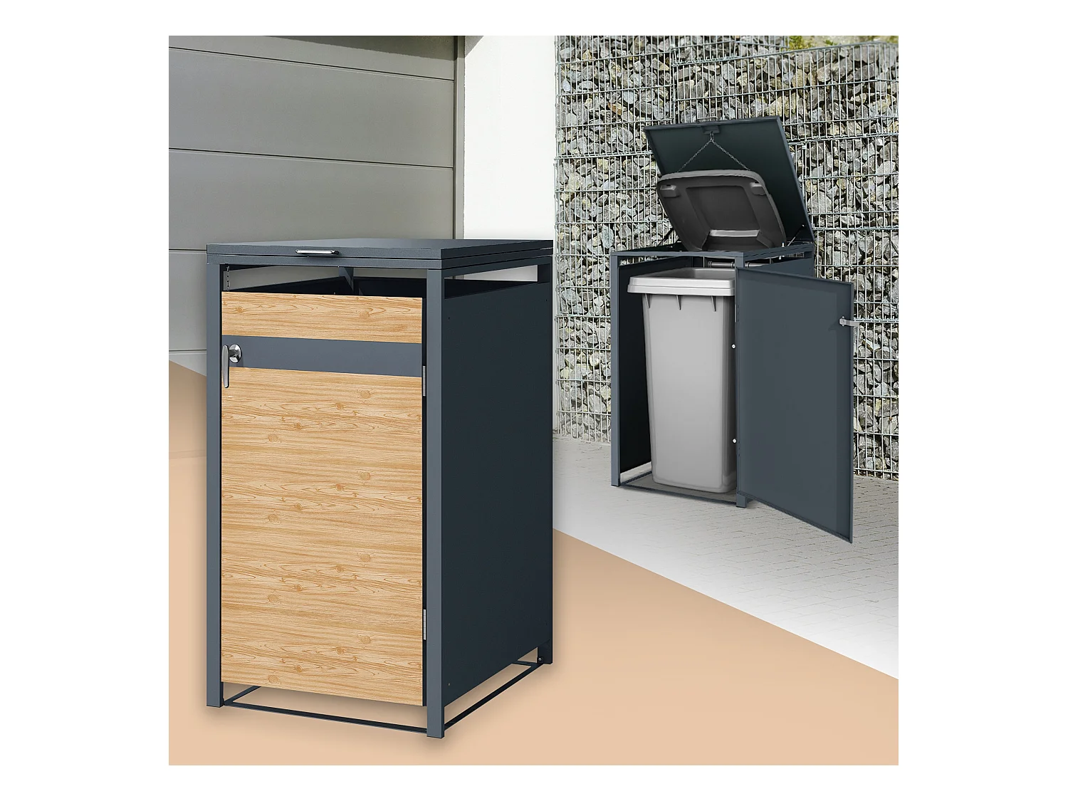 ML-Design Copribidone per 1 bidone 240L 68x80x116,3cm in acciaio antracite aspetto larice contenitore per pattumiera con 1 sportello copertura cestino