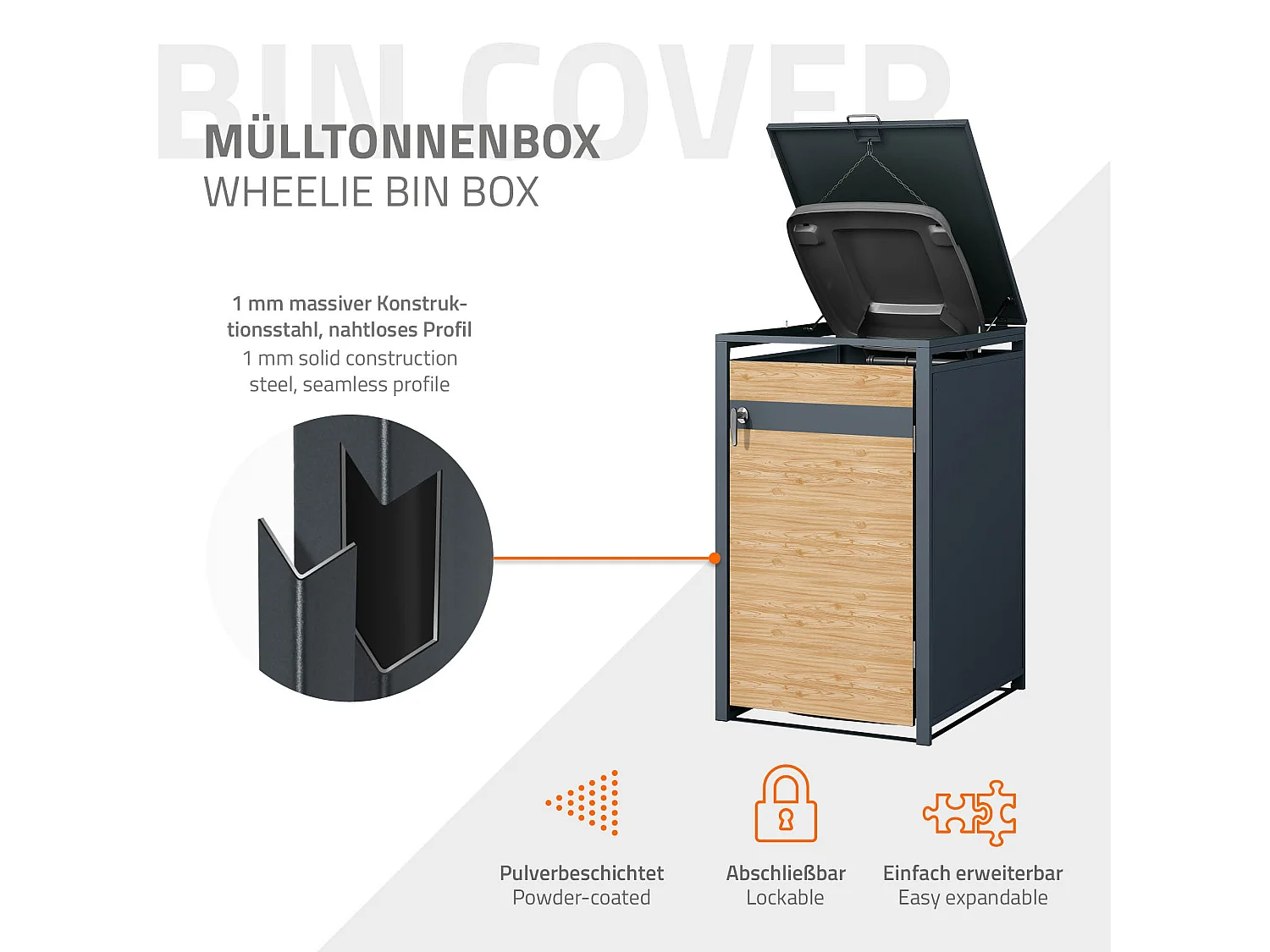 Abri pour 1 poubelle 68x80x116,3 cm capacité de 60L à 240L anthracite/aspect mélèze acier avec couvercle rabattable/porte résistant aux intempéries