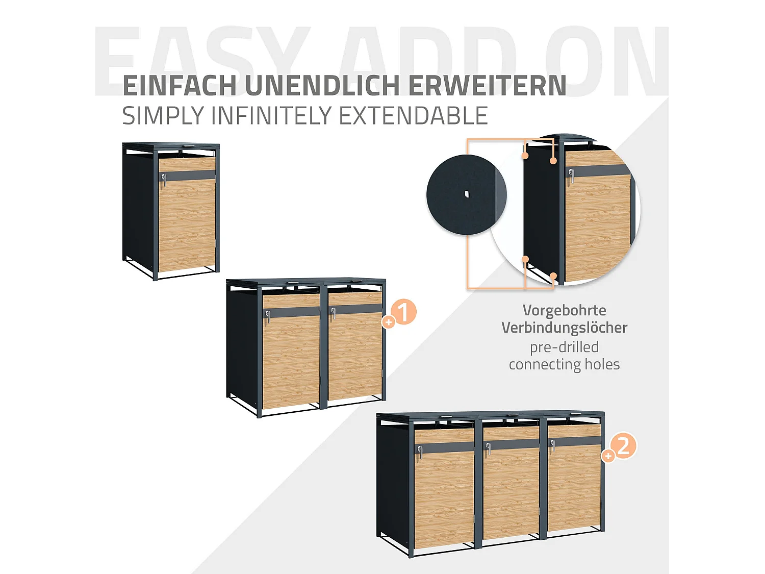 Abri pour 1 poubelle 68x80x116,3 cm capacité de 60L à 240L anthracite/aspect mélèze acier avec couvercle rabattable/porte résistant aux intempéries