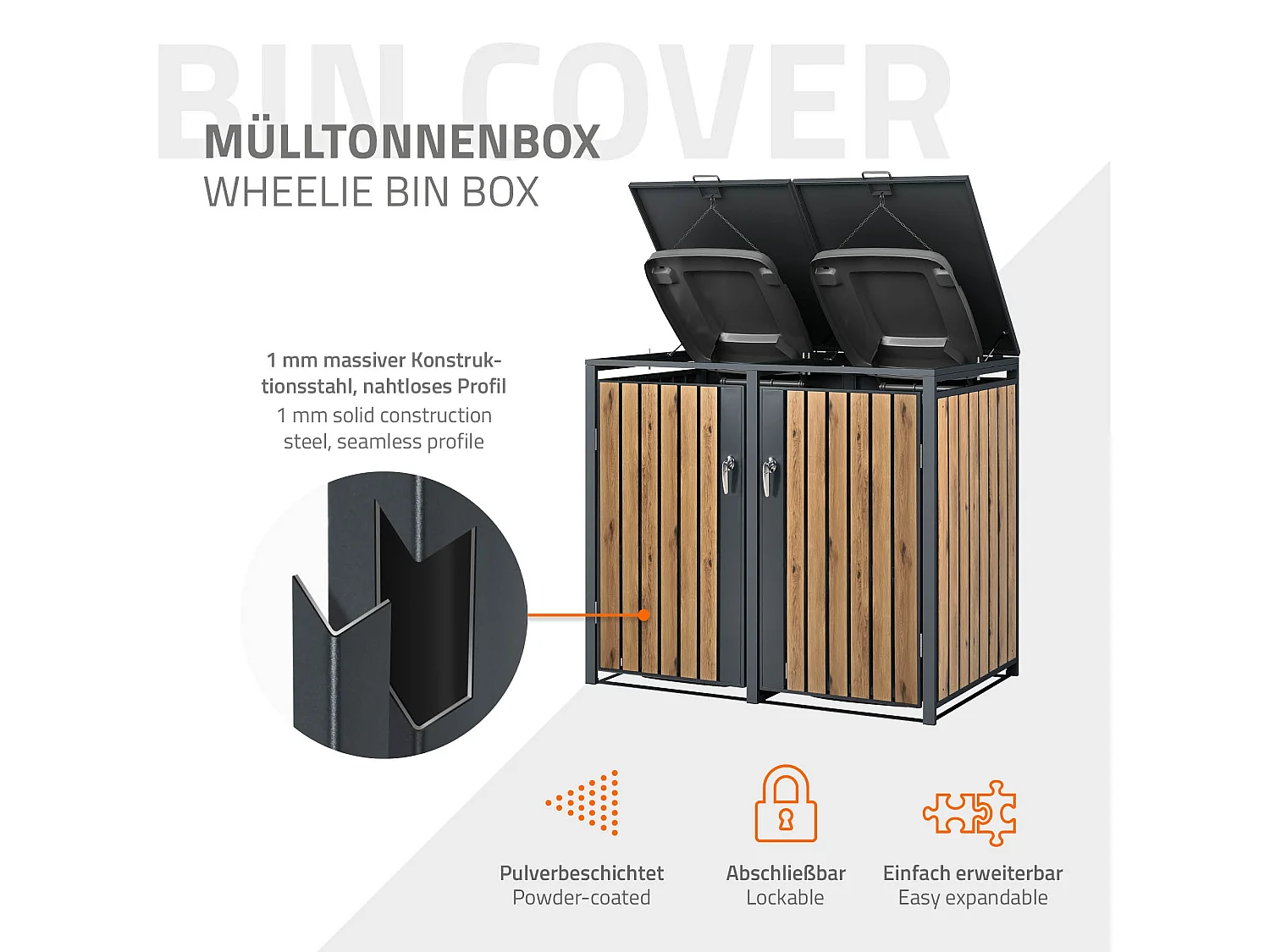 Abri pour 4 poubelles 264x80x116,3 cm capacité de 60L à 240L anthracite/aspect chêne acier couvercle rabattable/4 portes résistant aux intempéries
