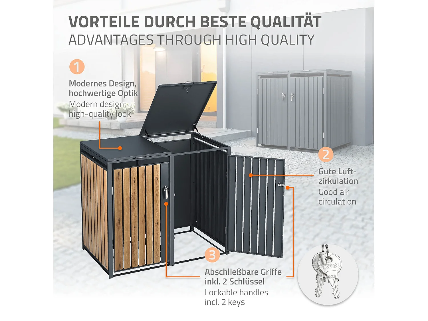 Abri pour 4 poubelles 264x80x116,3 cm capacité de 60L à 240L anthracite/aspect chêne acier couvercle rabattable/4 portes résistant aux intempéries