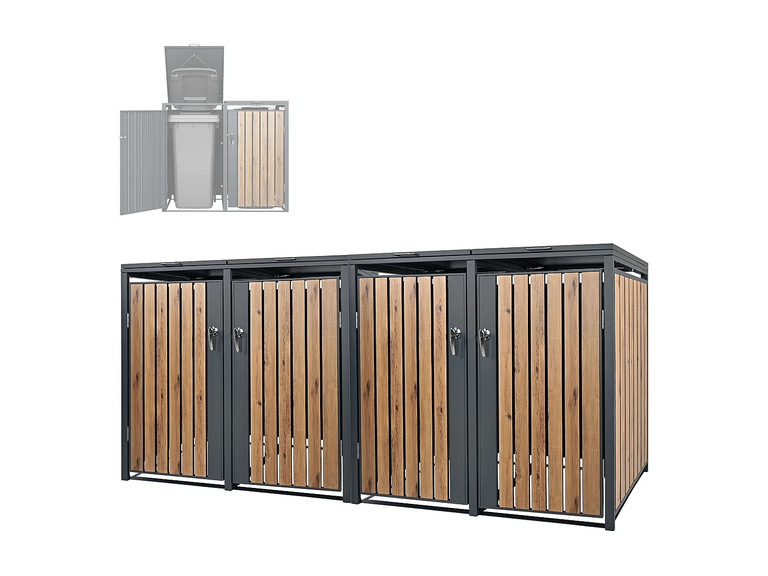 Abri pour 4 poubelles 264x80x116,3 cm capacité de 60L à 240L anthracite/aspect chêne acier couvercle rabattable/4 portes résistant aux intempéries