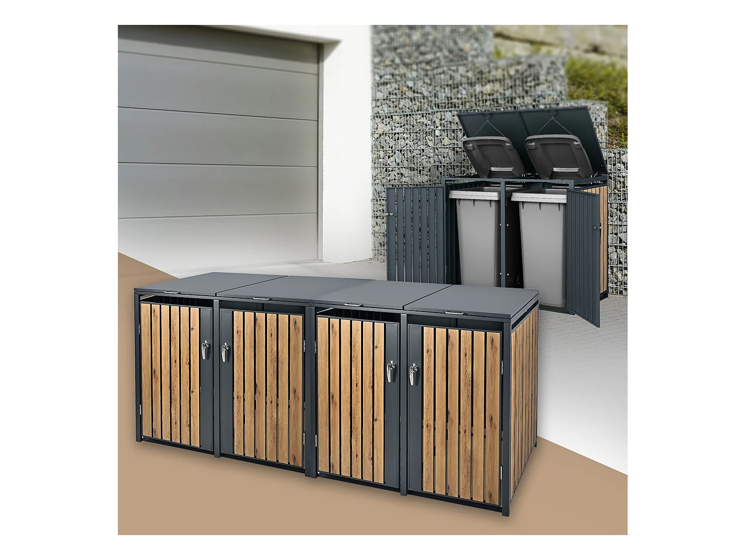Abri pour 4 poubelles 264x80x116,3 cm capacité de 60L à 240L anthracite/aspect chêne acier couvercle rabattable/4 portes résistant aux intempéries