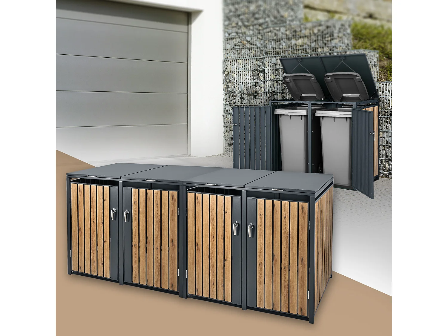 Abri pour 4 poubelles 264x80x116,3 cm capacité de 60L à 240L anthracite/aspect chêne acier couvercle rabattable/4 portes résistant aux intempéries